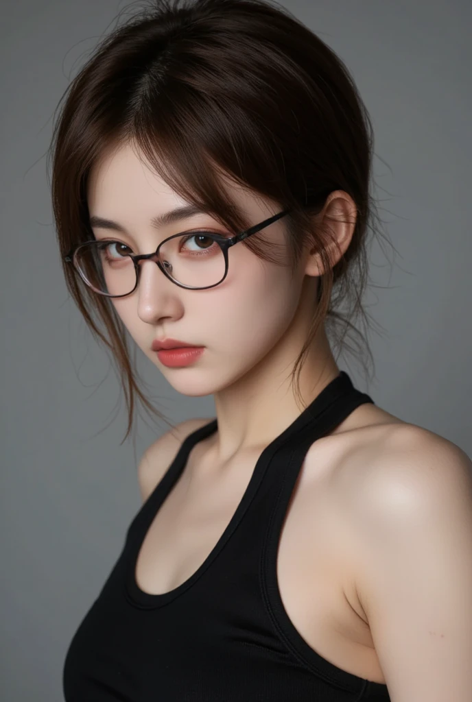 (Highest quality:1.5), (Real:1.4), (Ultra high definition:1.4), (No correction:1.4), (skinny Japanese woman with average size breasts standing front plain background in studio), (A woman wearing black-rimmed glasses), (Very small eyes), (breasts of average size), (Average height), (Cover your forehead with bangs), (Long black hair), (Dark personality expression), (long black evening dress), (black hair woman is standing with black long evening dress front plain background in studio), (woman viewed from the front), (Plain background), (Cowboy Shot), (Cold expression), (upright), (A woman with long black hair and glasses), (Bangs that cover the forehead), (Sharp and tiny eyes)