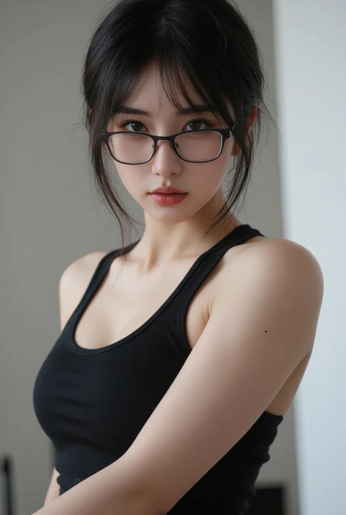 Top quality, one beautiful woman, 20 years old, dark brown eyes, glasses, braids, black hair, pale skin, medium chest, slendar body, no bras