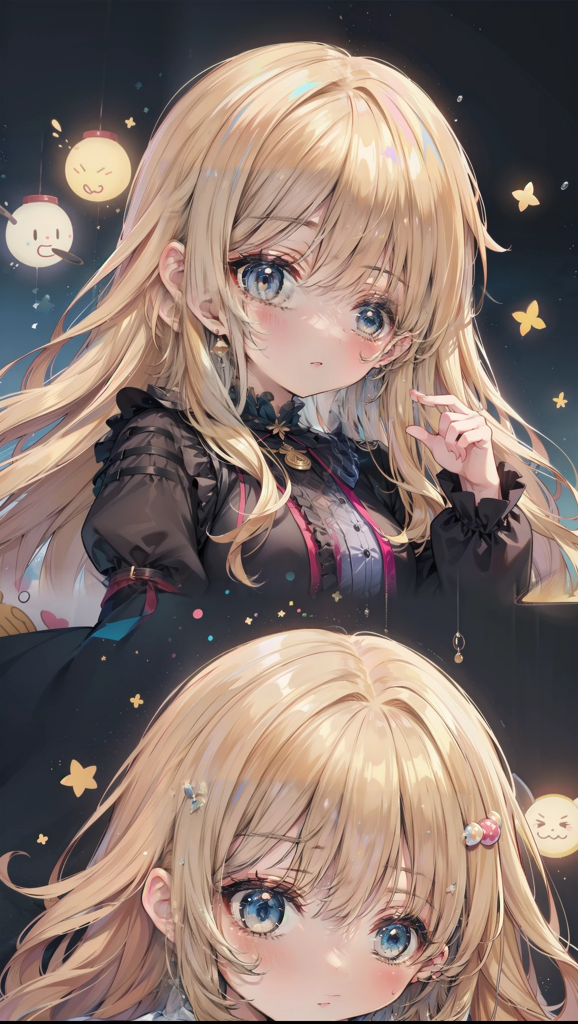 Dots are、明るいピンクの頬、she has chin-length, curly, golden blonde hair with wavy bangs.、she'dark-skinned girl, she is wearing a bright red headband with a ribbon on the right side of her head.. Dots are、she wears a shiny pastel blue and scarlet red dress with a small ribbon belt around her waist。, white collar, 4 crimson buttons, Bright red lining. sheのドレスの下には赤と淡いブルーのチュールスカートがある.. she also、Red top with white socks、she is wearing carnation pink high-top sneakers with bright red shoelaces, Shine; glitter, NSFW,