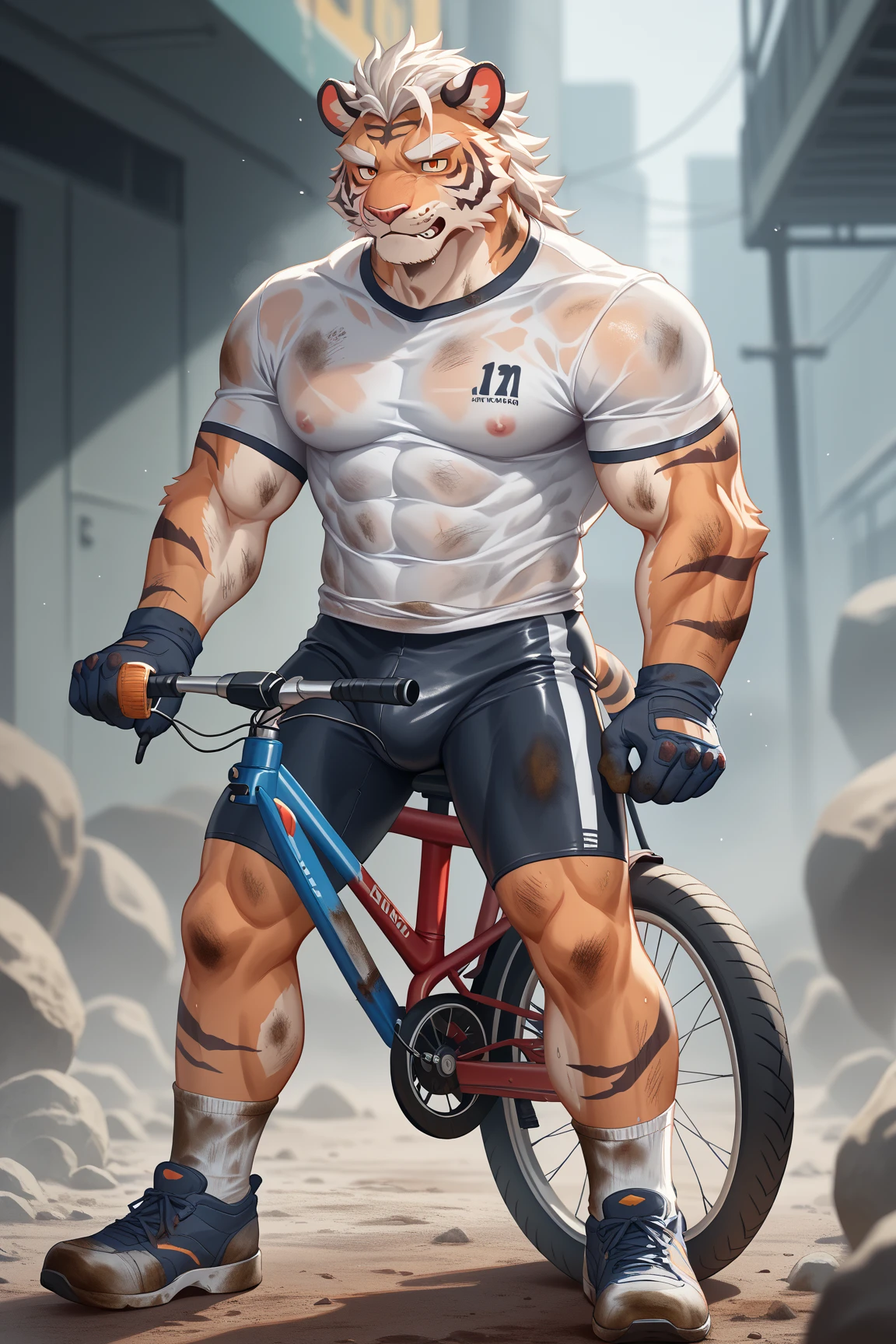 Half man half bicycle-minotaur man, in Colorado's rugged bike trail scene,
Sits proudly atop a boulder, his muscular form serene.
3D rendered, intricately detailed, a masterpiece to behold,
His human torso, strong and lean, his minotaur lower half bold.

Mid-day sunlight kisses his bulging biceps, shining bright,
His facial expression, a contented smile, filled with pure delight.
Solo figure against the scenic backdrop, under the endless sky,
His bicycle leaning against the boulder, a silhouette against the sun-kissed sky.
