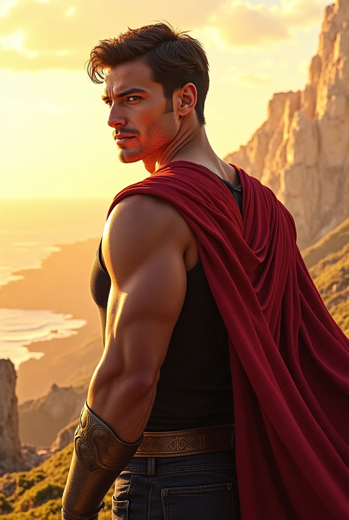 A realistic illustration of a tall, muscular man wearing a cape and holding a sword in his hand, stands with his back to the camera in the foreground, facing a long advance "la canebiere" Located in Marseille, In a world ravaged by a tsunami, It can be seen in the distance that part of the avenue and its buildings have been covered by the waters of the sea, Building aged by corosion and time, univers sombre et dystopique, cutscene, HD, very high resolution