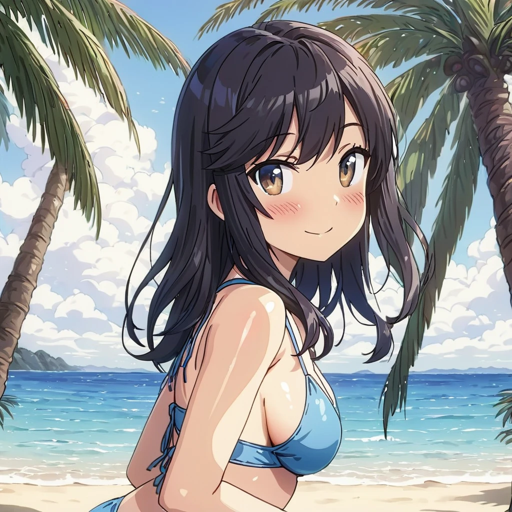 One Girl, alone, , Long black hair, black eye, Straight bangs, smile, A Cup、Small breasts, Black Swimsuit, Beach, dance,Straw hat、Sandbox、Hime cut、