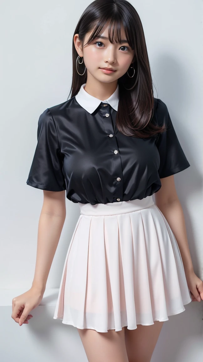 ((Best image quality、8K、masterpiece:1.3))、Realistic high-quality photos、Highest quality、Beautiful and graceful face and eyes、Uniform eyes、Black Hair、Shiny Hair、 OL、Wearing a short-sleeved blouse、Wear a long skirt、Full Body Shot. Sitting、(((White panties can be seen between her skirt and legs)))、