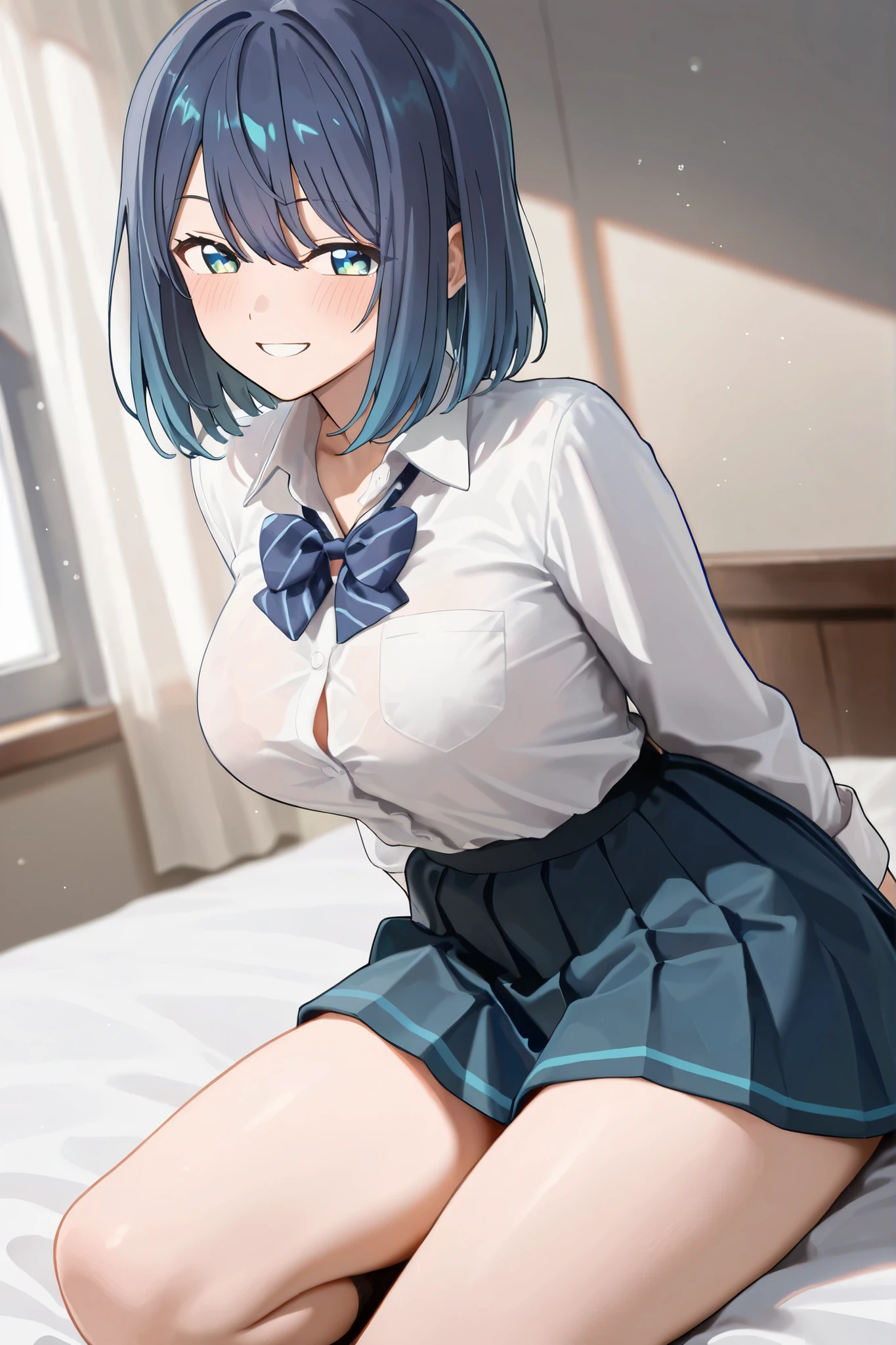 ((super high quality,))((Ultra-high resolution,))(16K,)(super masterpiece,)((Ultra HD ,))(Detailed shading,)One sexy office lady,Cleavage,popped Tight collar White shirts,Tight Skirt,Ecstasy face,smile,blush,Dimly lit bedroom,Lying in bed,Spread your legs,Sweaty,Love juice,A small amount of drooling,Penis is inserted,Full body photo,