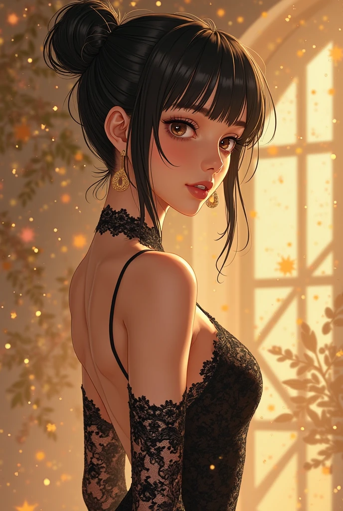 Amazing portrait of a sexy woman who is wearing a backless blouse and a saree and hair tied in a bun in a tiny and dark room with one lamp and she's sweaty with pleasure