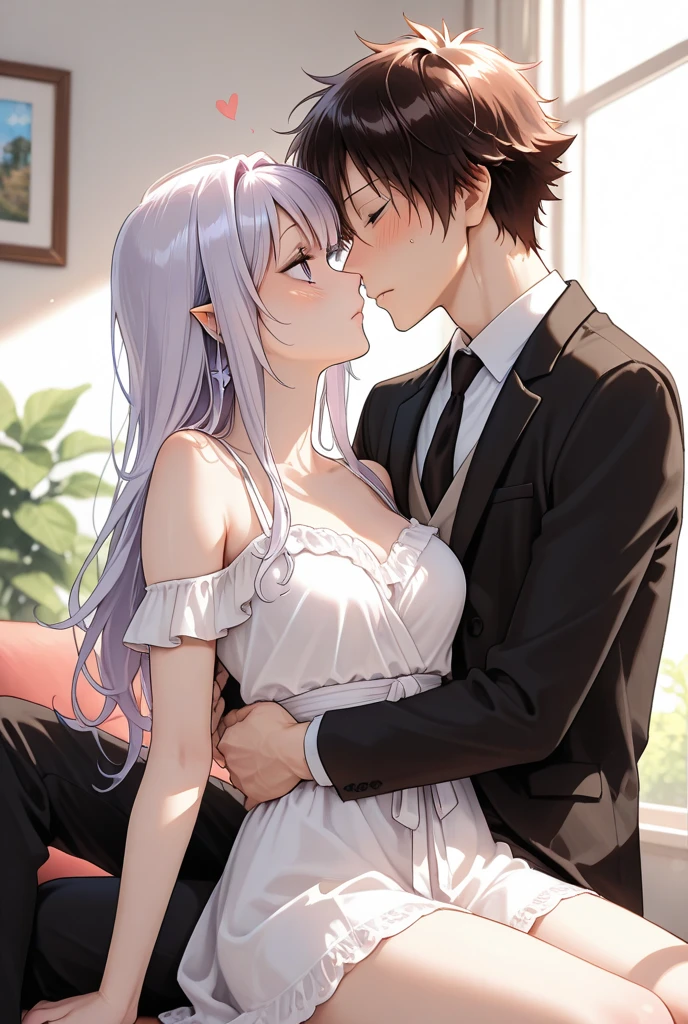 Perfect human body、1 boy,1 girl、A couple、heterosexuality、 NSFW, ((street)), (very highly detailed background), (((Stand next to the girl、Guy kisses girl))), wearing only his underwear,鎖骨,Oversized chest, Convex milk,((woman with fever)), ((perspiring,steamy,Upper grades))), 、mini-skirts、((The expression of coloce flushed), 大男子气概的男人Stand next to the girl、looking at viewert,Shame PLAY,