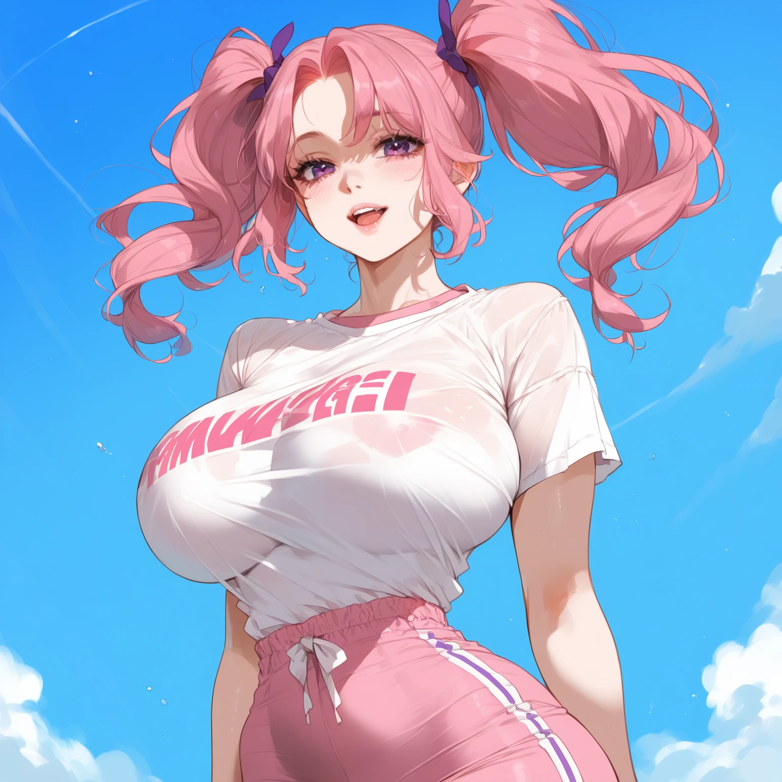 big cleavage, detailed, highres, sexy, wide hips, 1 girl, brown eyes, pink hair, long hair, dark skin, pink bear ears, long sleeves, sleeves past wrists, graphic tee, crop top, white shorts, red lace, red thong, gyaru, lips, dark pink lips, white nails, long nails, big eyes, city, crowd, grabbing boob, tongue out, underboob, close up,