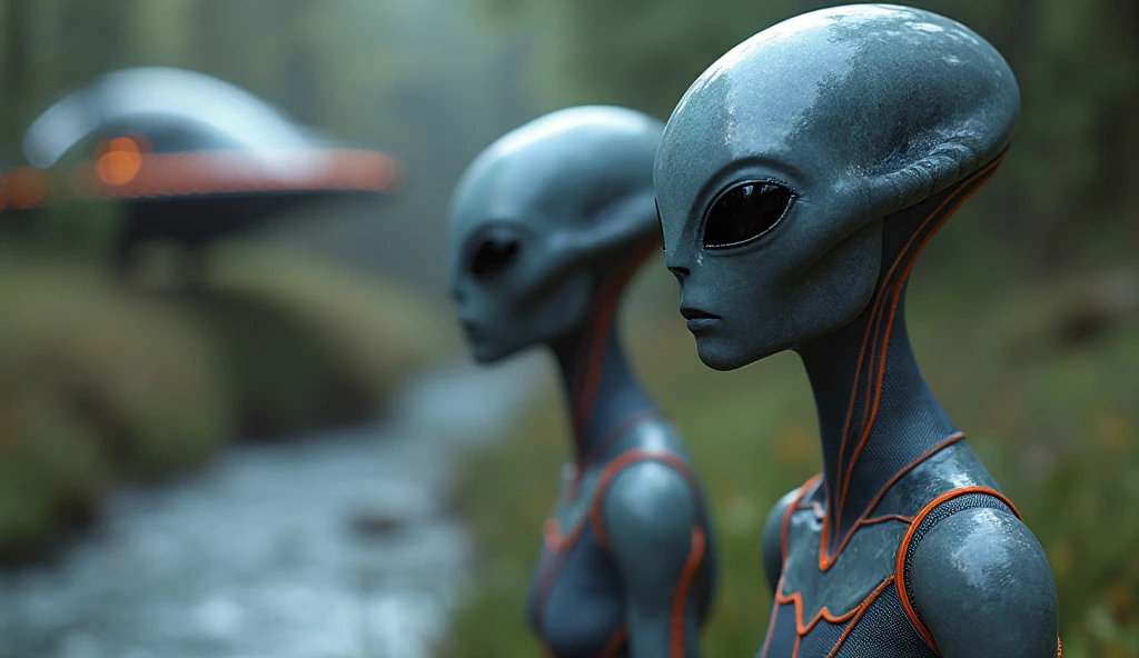 Ethereal alien creature with bluish-gray skin,中景 the scene is,cuerpo completo como,VFX surrealista altamente detallado 16K,OC renderizado,Disparo con 70 mm - AR 16:9 --q 2 --s 1000. Cinnamatographic lighting, en el campo, se comunican con el espacio exterior y otros planetas, se comunica