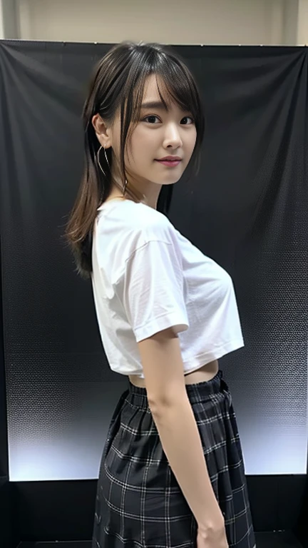 live-action、22 years old、The whole body is shown:1.2、muste piece, highest quality, super detailed, finely, High resolution, 8k wallpaper, perfect dynamic composition, i am a photographer, she is a model, detailed and beautiful eyes,I can see the nipples:1.2、I can see your breasts, long hair, big breasts, natural color lip, random sexy poses, Plain wall background, selfie, white t-shirts,mini skirt, i can look underwear, i can look feet