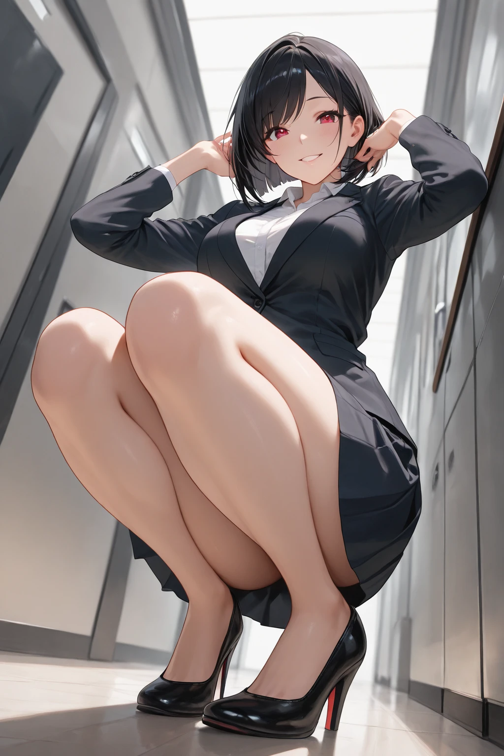 beautiful girl, slender, boyish, very short hair, brown hair, (wear a white long-sleeved T-shirt), (white bikini panties) , Perfect hands, Perfect body, Sitting with one Knee , (bare foot), ((looking away)), relaxing, ((Exquisite detail)), Very finely crafted fingers(((10 fingers))), (Full-body showcase), (Show your whole body), (No logos on background), (No logo), (taken from below),