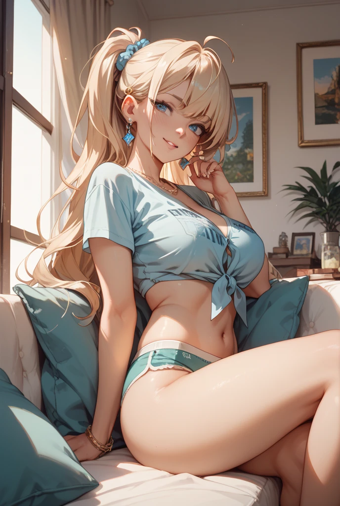 Create a masterpiece, high-quality image of a beautiful, sexy anime lofi girl with long blonde hair sitting at her gaming PC in a cozy lounge setting. She has bright blue eyes and is smiling, looking directly at the camera. She is wearing a tank top and shorts, showing her shoulder and midriff. The scene should be warm and inviting, with soft ambient lighting and comfortable seating. The gaming setup includes a high-end PC with multiple monitors, RGB lighting, and various gaming accessories. The overall atmosphere is relaxed and serene. The image should have a high resolution and be super detailed, with the girl barefoot and the setting illuminated by a small lamp, creating a sense of depth and intimacy