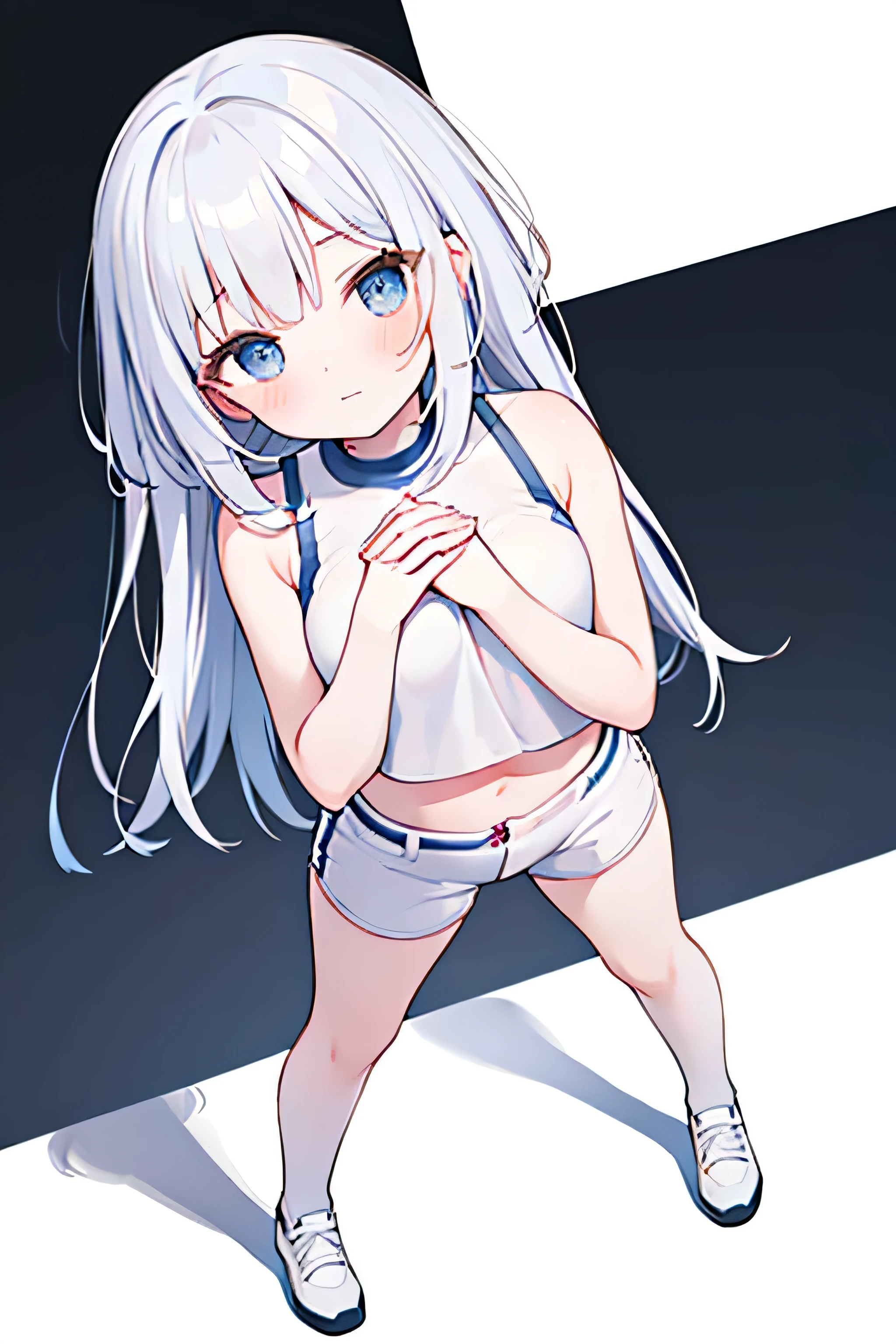 "A shy, cute girl standing with her head tilted and hands held gently in front of her chest, legs close together, hips slightly tilted. View from above at a diagonal angle, dynamic camera perspective, girl wears crop top, white shorts, fullbody