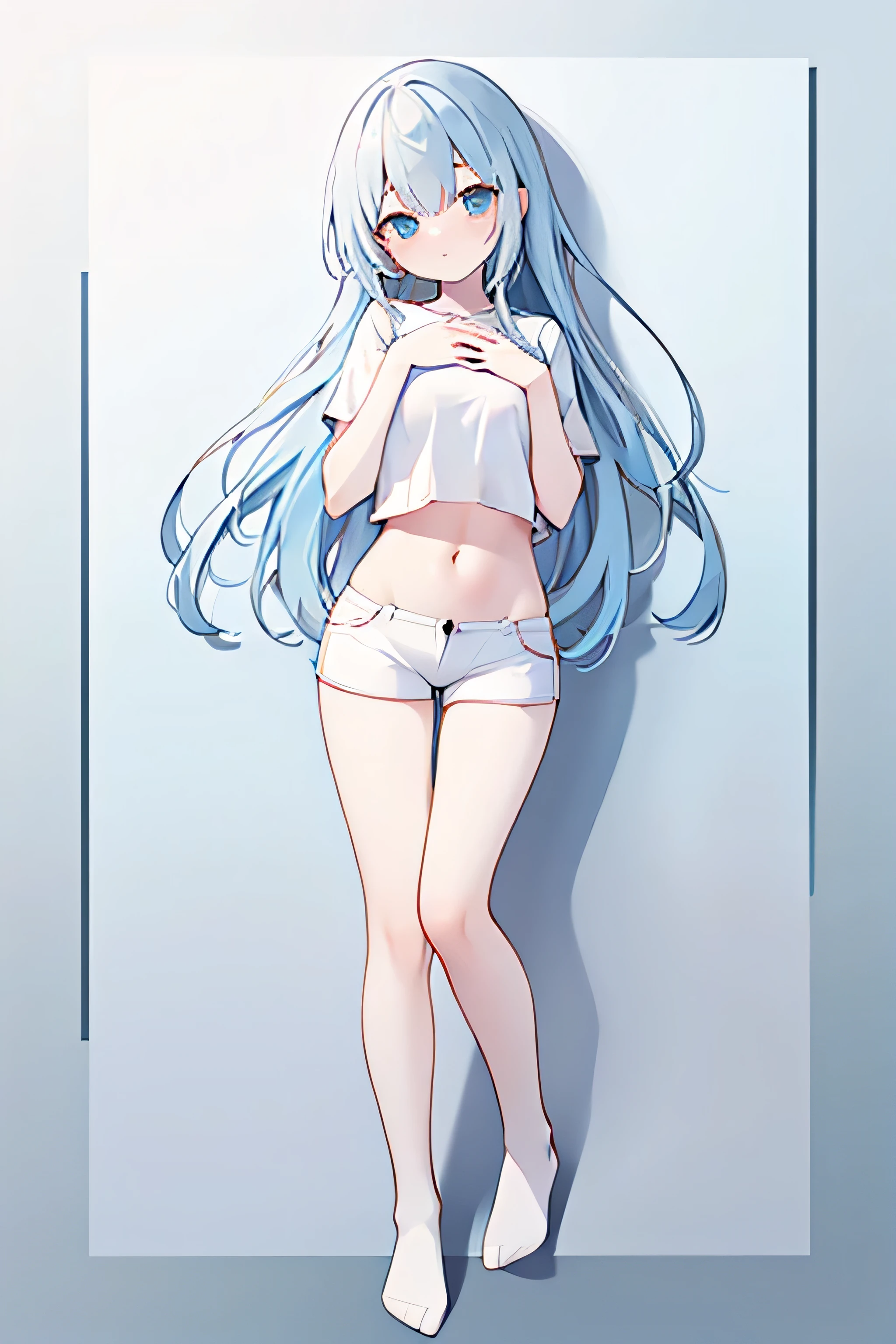 "A shy, cute girl standing with her head tilted and hands held gently in front of her chest, legs close together, hips slightly tilted. View from above at a diagonal angle, dynamic camera perspective, girl wears crop top, white shorts, fullbody