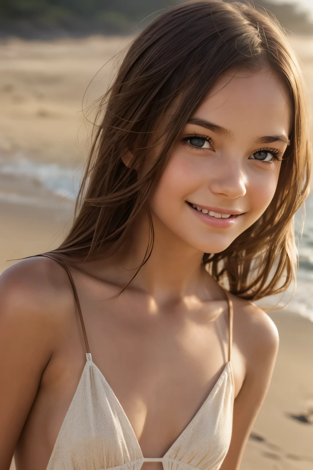 a girl with brown hair and small breasts , 1 girl, realistisch , detailed facial features , beautiful eyes , small breasts ,, natural light , Soft colors ,warm tones, detailed skin texture , beautiful hair strands , realistic proportions, thin short see-through beach dress, (RAW f,Environmental portrait , kinematic light ,photorealistic , award-winning digital art, smiles at the camera, fulll body