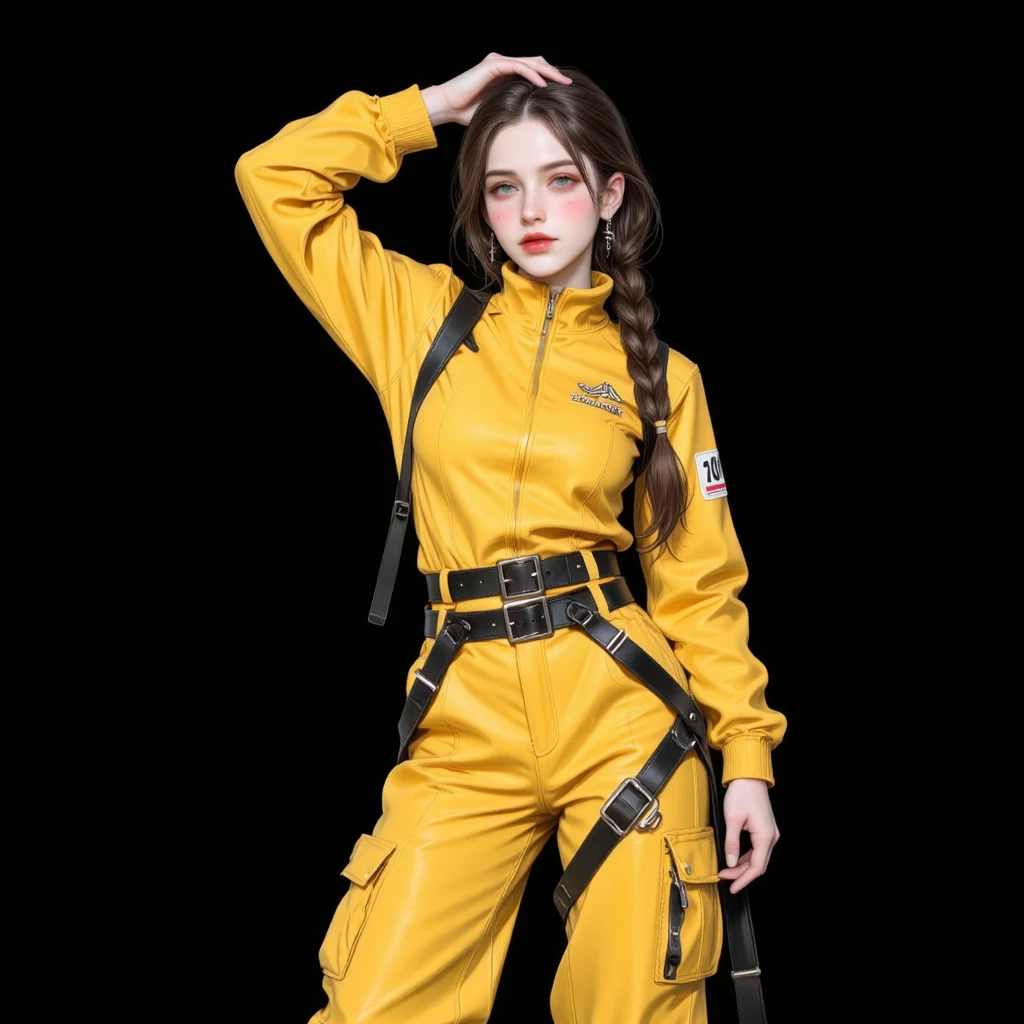 (best qualityer))), (((manga strokes))), (((Yellow suit with black details))), (((black bob hair with straight bangs and red highlights))), (((wide pants with 2 side stripes))), uma Kizi jovem muito bem vestida com roupas modernas de inverno, top gift vertical stripes, short jacket with dark fur collar, beautiful and expressive face, slightly-smile, big eyes with long black eyelashes, heavy make-up, chains and zippers spread across clothes, contrasting colours, pose de atitude, hair with a modern and futuristic cut, urban game poster art, dramatic camera angles, graffiti art elements in the background, design mixing contemporary and retro by Shepard Fairey, (((cowboy shot))), (((best qualityer: 1.4))), (Unbeatable masterpiece), (hiper HD),(CG 8k hyper-realistic), Kizi, (((standing alone))), pirralha violent, (((14歳))), sexly, pose de atitude, work of art, post-apocalypse, (((manga style))), bounty hunter, violent, Manic, the way you want, slenderbody, thin but strong, perfectbody, roupa moderna, advanced technology, neon, sleeves with vertical striped pattern, neutral background, (( cowboy shot )). intricate visual
