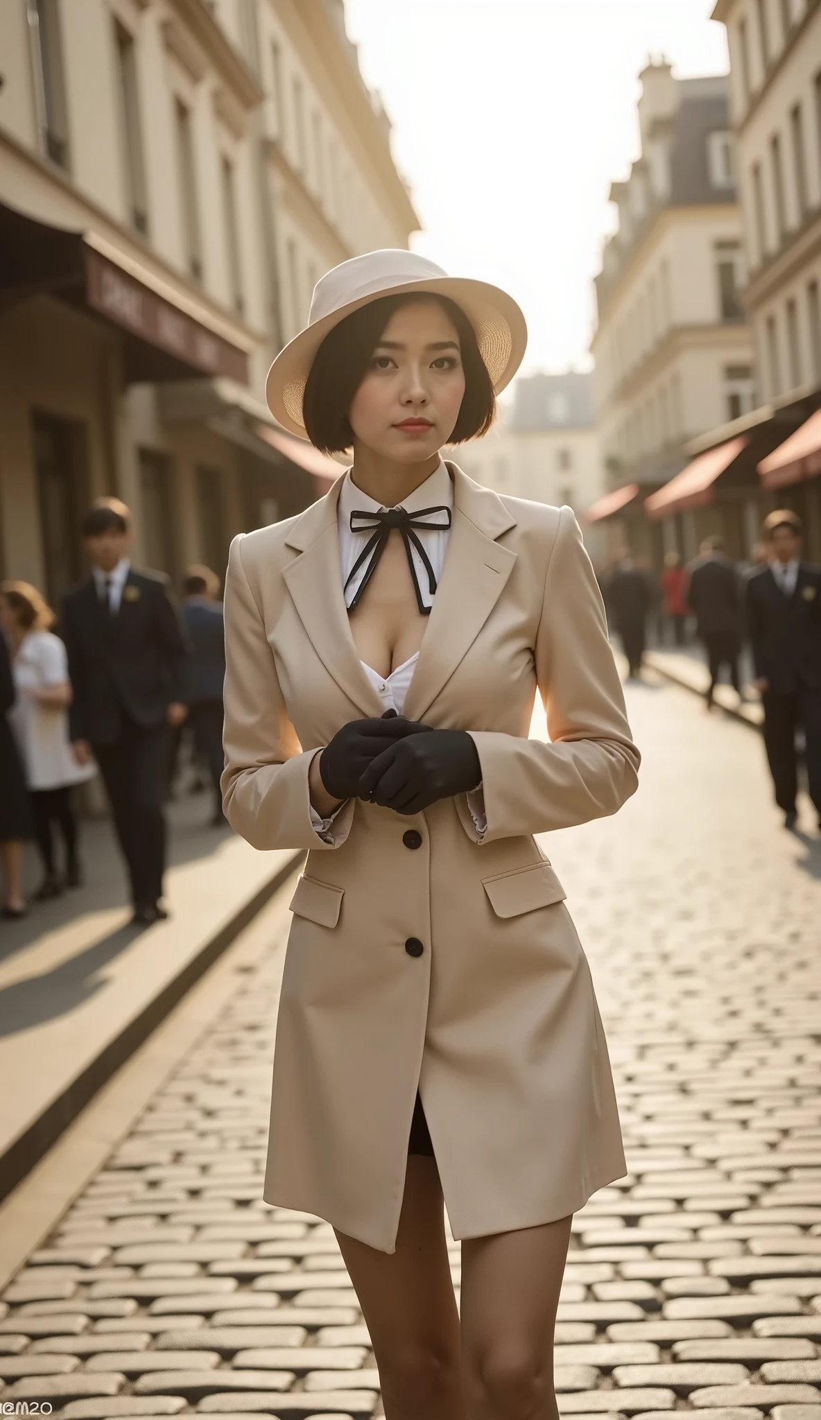 A sepia-toned photograp, depicting a well-dressed lady walking through the streets of Paris, in 1930s