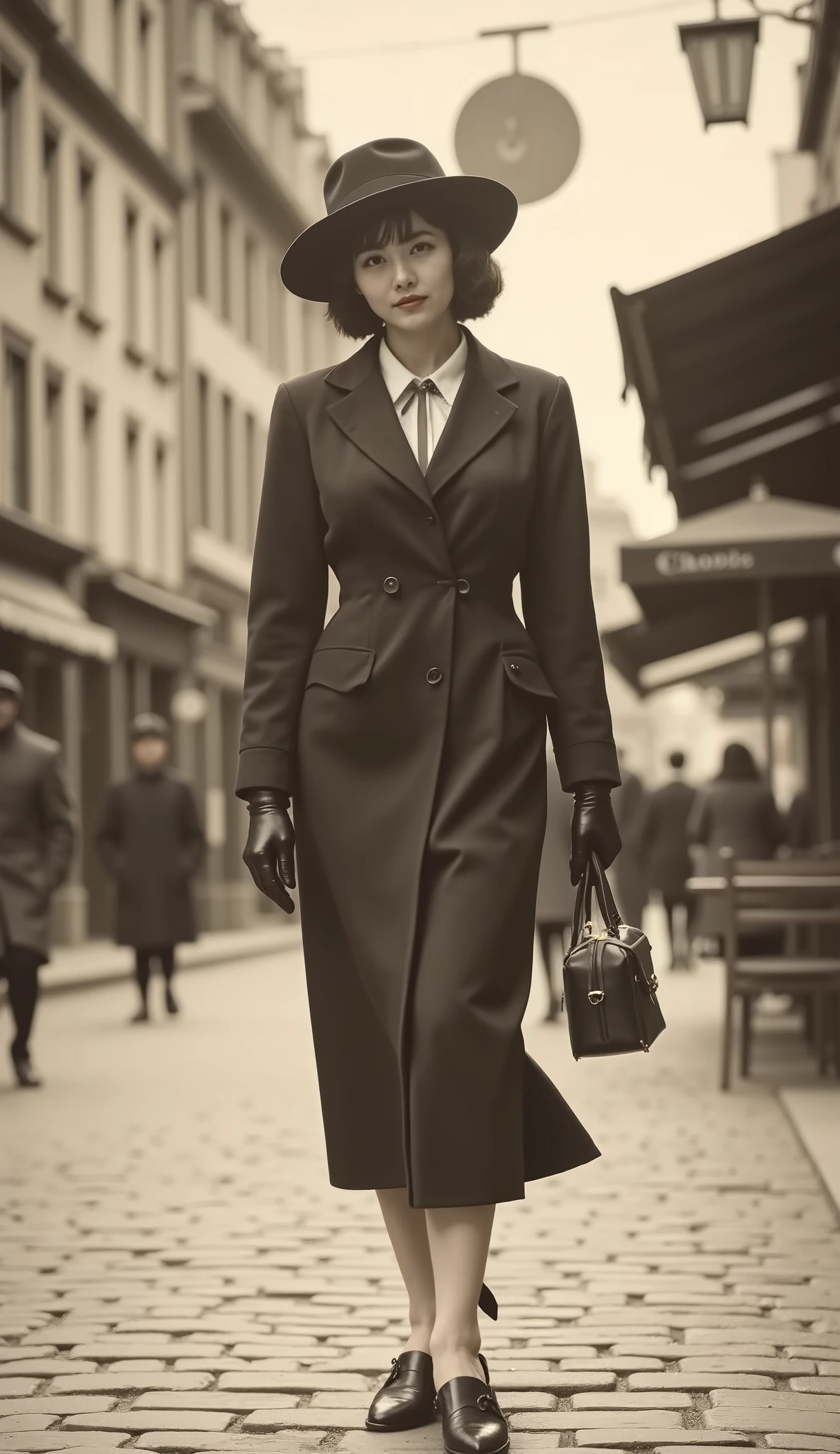 A sepia-toned photograp, depicting a well-dressed lady walking through the streets of Paris, in 1930s
