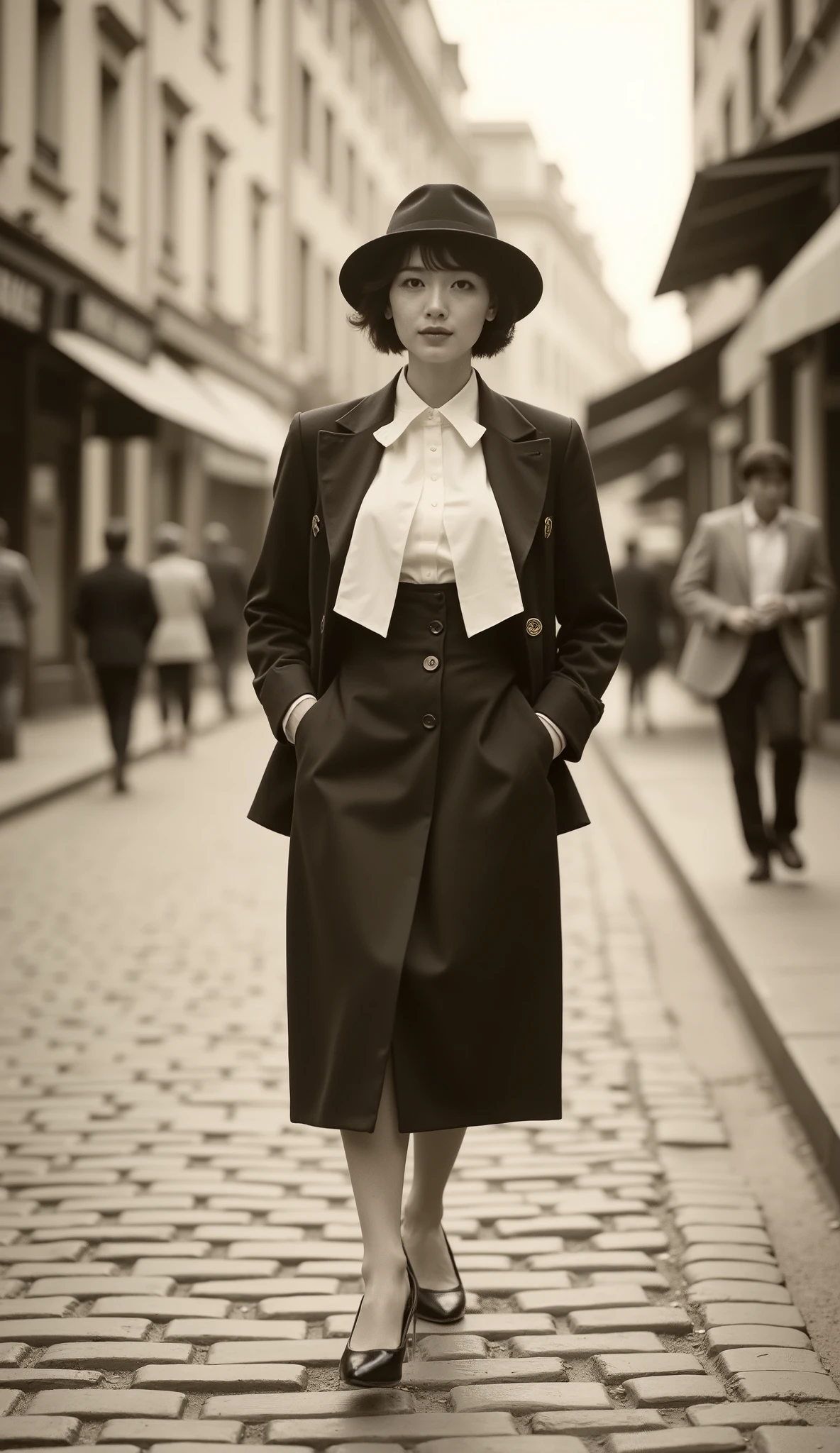 A sepia-toned photograp, depicting a well-dressed lady walking through the streets of Paris, in 1930s