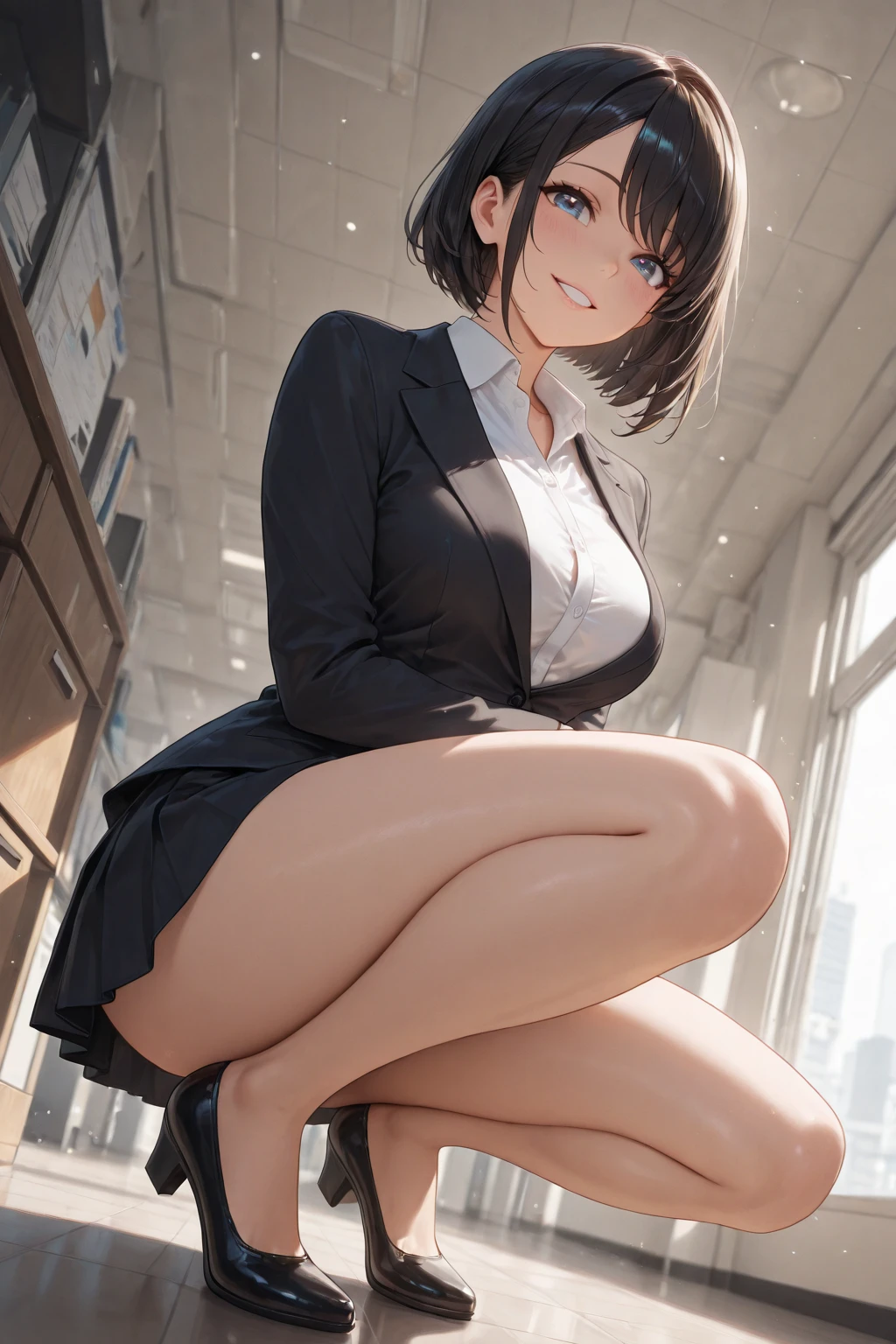 (masterpiece、highest quality、High resolution、realistic pictures、real looking skin:1.1)、
(My colleagues in skirt suits are sitting on a bench on the roof of a building:1.8)、
(The skirt is so short that you can almost see her panties.:1.8)、
(She has an inviting smile:1.5)、
(She is wearing a grey jacket and mini skirt suit set.:1.8)、
(The inner layer is a V-neck T-shirt, exposing her cleavage.:1.8)、
(She is wearing black high heel pumps.:1.5)、
(black short hair:1.5)、
(The location is a bench on the roof of a building.:1.5)、
1 Japanese girl、solo、full body esbian、beautiful eyes、shining eyes、Shining thighs、NSFW