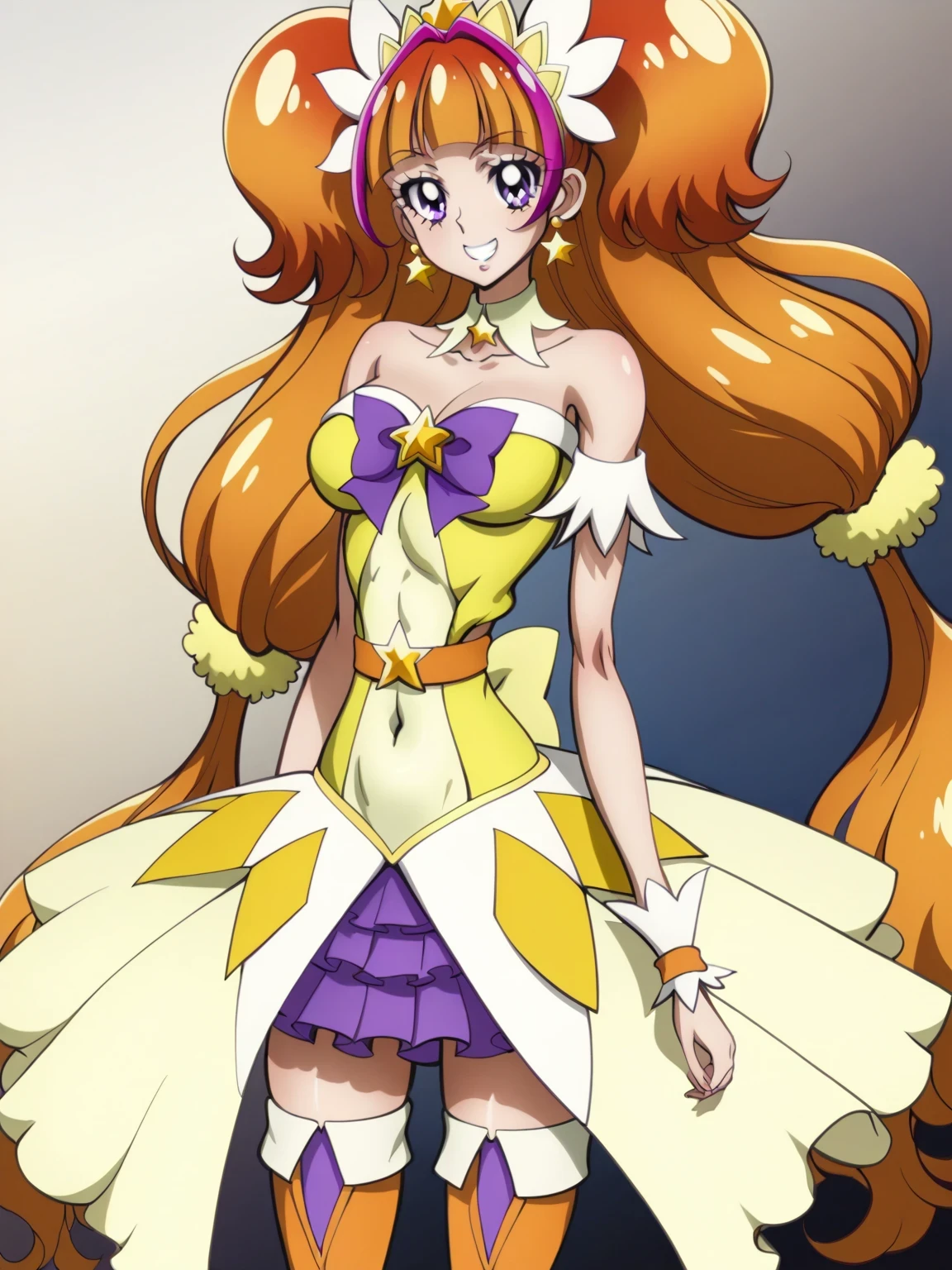 Cartoon image of a woman in an orange, yellow and purple dress、She has orange-brown half-pigtails.、A woman with long orange hair with a brown gradient、Purple eyed woman、Official Art、Sparkling Magical Girl、Official artwork、Anime Princess、Headquarters artwork、Sexy vibe、Big Breasts、cleavage、Very large breasts、Symphogear Flavor、sexy anime women、Fan art、Tall Woman、A woman is standing、Muscular Woman、Beautiful、Orange and yellow and purple costumes、JewelryBrooch、strapless dress、Purple mini skirt with yellow ruffle layers、V-line around the waist、Dress Up Darling Anime、Separated collar、Bare shoulders、Pale yellow gloves、Pale yellow knee-high boots、Promotional Art、Full body close-up、looking at viewer、Anime Beautiful Girl、Cowboy Shot、Women in focus、solo、perfect body、perfect hands、