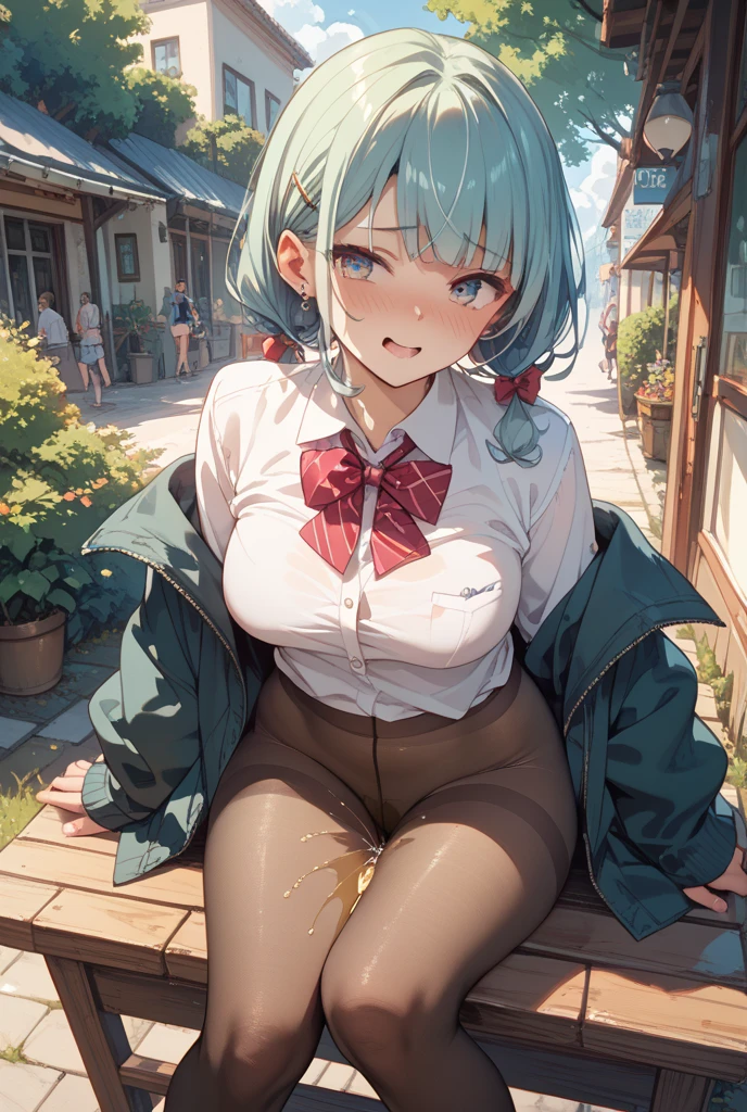 (Best Quality:1.4),(piel bright), body focus, (cute face), (((Best Quality))), illustration, ((beautiful Finger)), , beautiful body, beautiful character design, ,perfect lighting, striking, bright_Forehead_face_switched on, ultra high resolution, High resolution, absurdities:1.2, bokeh:1.2, Lens flare, (Vibrant_Color:1.2), ((naked tits))(beautiful, medium breasts:1.6), (Muslos thicks:1.1), thick, Black hair with colorful sparks., Red ribbon, teal hoodie, big brown eyes, pink blush on the cheeks., Content expression, Skirt ((upskirt)) ((Skirt corta y ajustada)) ((de Forehead)) ((open legs)) ((Session)) ((classroom)) ((Nipples)) ((Skirt corta y ajustada)) ((Skirt plegada)) ((lean back)) pose: (bare breasts) (Nipples) (bare tits) (de Forehead) (Cum on breasts) () (de Forehead) (semen inside the mouth and falling from the tongue) (semen) (cum covered) (the wind moves her hair) (open legs y separadas) (sitting) (de Forehead) (pussy covered in cum) (wet)