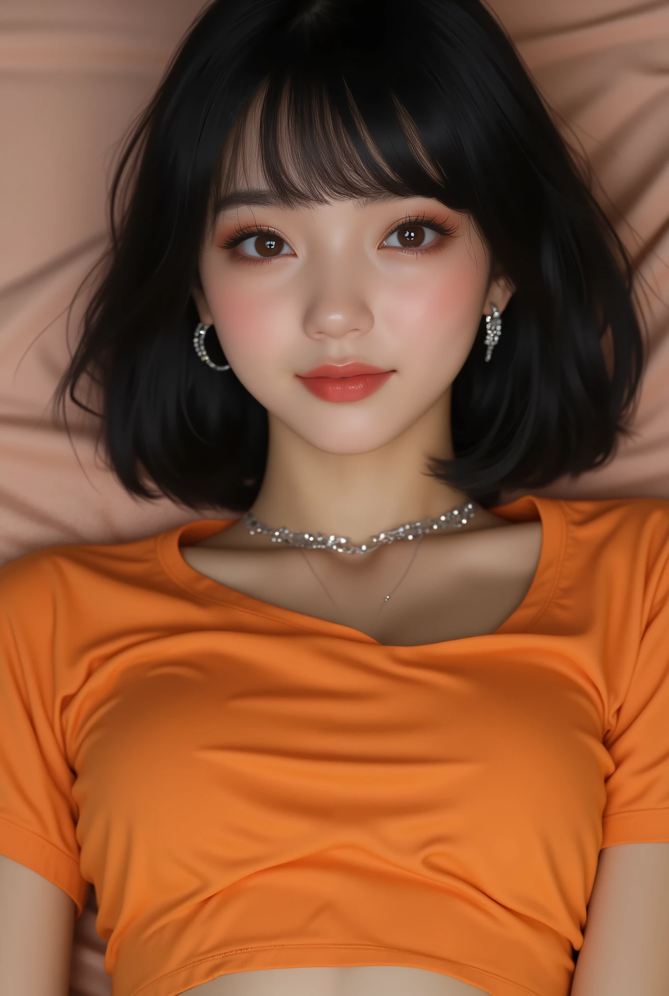 Amazing portrait of the upper body of a young woman who is 20 years old with a beautiful and highly detailed face and skin texture with fine brown eyes with double eyelid and thin eyebrows and glitter eyeliner with natural cheeks and shiny skin wearing an loose orange t shirt and yellow short shorts paired with a sparkly necklace and earrings with glossy lips parted in an enchanting smile with black short bob hair with focus on her chest and face with this upper body shot and her t shirt showcasing her bare shoulders and small breasts lying down on bed