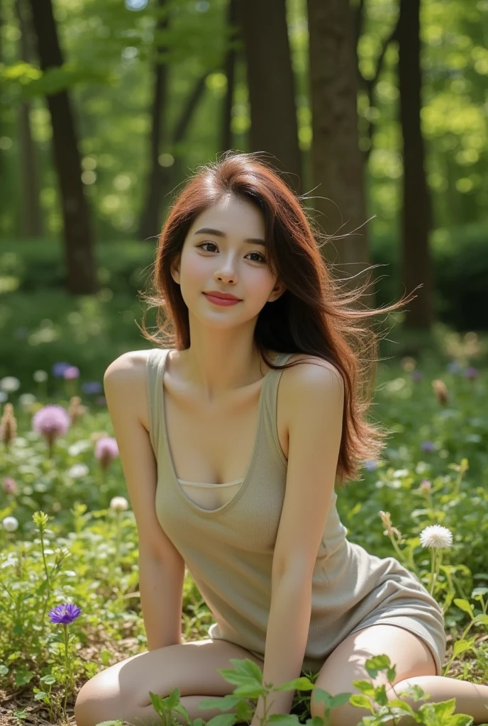 1girl, solo, breasts, brown hair, (medium breasts:1.2), standing, upper half body, parted lips, front view, wearing causal lady outfit, Soft focus on the lady's face, creating a dreamy quality, Utilize natural light filtering through trees, forest setting, Use leading lines from trees , a slight smile hinting at inner peace, a warm color palette with emphasis on greens and browns of the forest. Consider including slight lens flare to enhance the ethereal feel