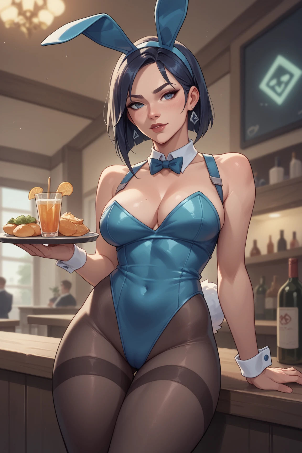 Adult woman, Long black hair, high ponytail, bunny ears, turquoise eyes, black skintight clothes, ssmile, Masterpiece, hiquality