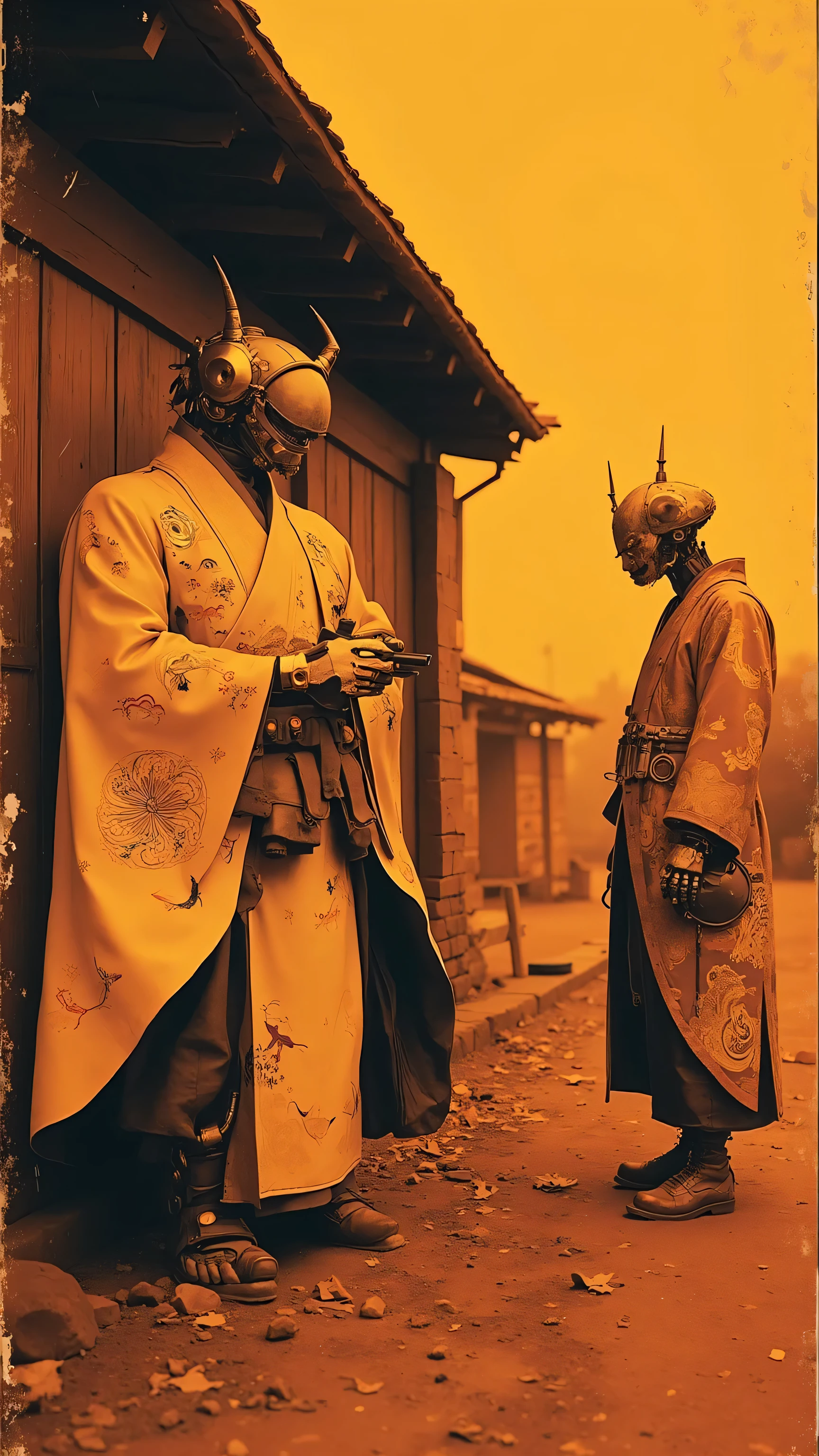 Vintage 1603 black-and-white photograph, styled as an Edo-period Japanese relic, faded, slightly blurry, scratched, with torn edges, depicting a humanoid robot with a fully mechanical body, no human features, inspired by a fusion of Edo-era artistry and futuristic robotics. The robot’s humanoid silhouette exudes a commanding presence, clad in an ornate robe adorned with intricate kimono patterns of swirling clouds and cranes, blended with sleek armored plates and cybernetic enhancements on its arms and legs. Its footwear is futuristic yet functional, with detailed mechanical boots complementing the aesthetic. The robot’s head is a large, mechanical mask with horn-like protrusions, featuring cu2000年代前半の日本最大のヤンキー高校、グラウンド脇の物置裏。夕方のオレンジ色の光が、錆びた物置の壁とグラウンドの土ぼこりを照らす。使い捨てカメラで撮ったような、少し色あせた写真。角刈りの男子生徒が金属バットを手に地面に座り、スキンヘッドの生徒がバタフライナイフを手に軽く振りながら物置に寄りかかる。ロン毛の生徒はタバコをくわえ、改造スクーターのハンドルを握っている。3人ともボンタンと長編みの学ラン、胸元には派手な刺繍のシャツが見える。背景にはグラウンドで練習する生徒たちのぼんやりした姿と、夕焼けの空。写真の右下には赤い日付スタンプで"2006/06/03"。画質はやや粗く、全体に暖色トーンでピントも少し甘い。ヤンキー高校の青春の一瞬を切り取った、懐かしいフィルム写真のような質感。



