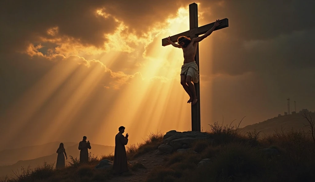 "A powerful and solemn scene of Christ crucified on Calvary, amid a dramatic sky, divided between dark clouds and rays of light. Christ is nailed to the cross, with his head bowed forward, a crown of thorns on his head, and blood flowing from his wounds. His expression is one of pain and sacrifice, but also of profound serenity. In the background, the outline of Jerusalem can be seen in the distance, while the other two crosses, with the thieves, appear to the side, a little further away. At the foot of Christ's cross, a few figures, including Mary and John, look up with sadness and devotion, capturing the emotional intensity of the moment."
