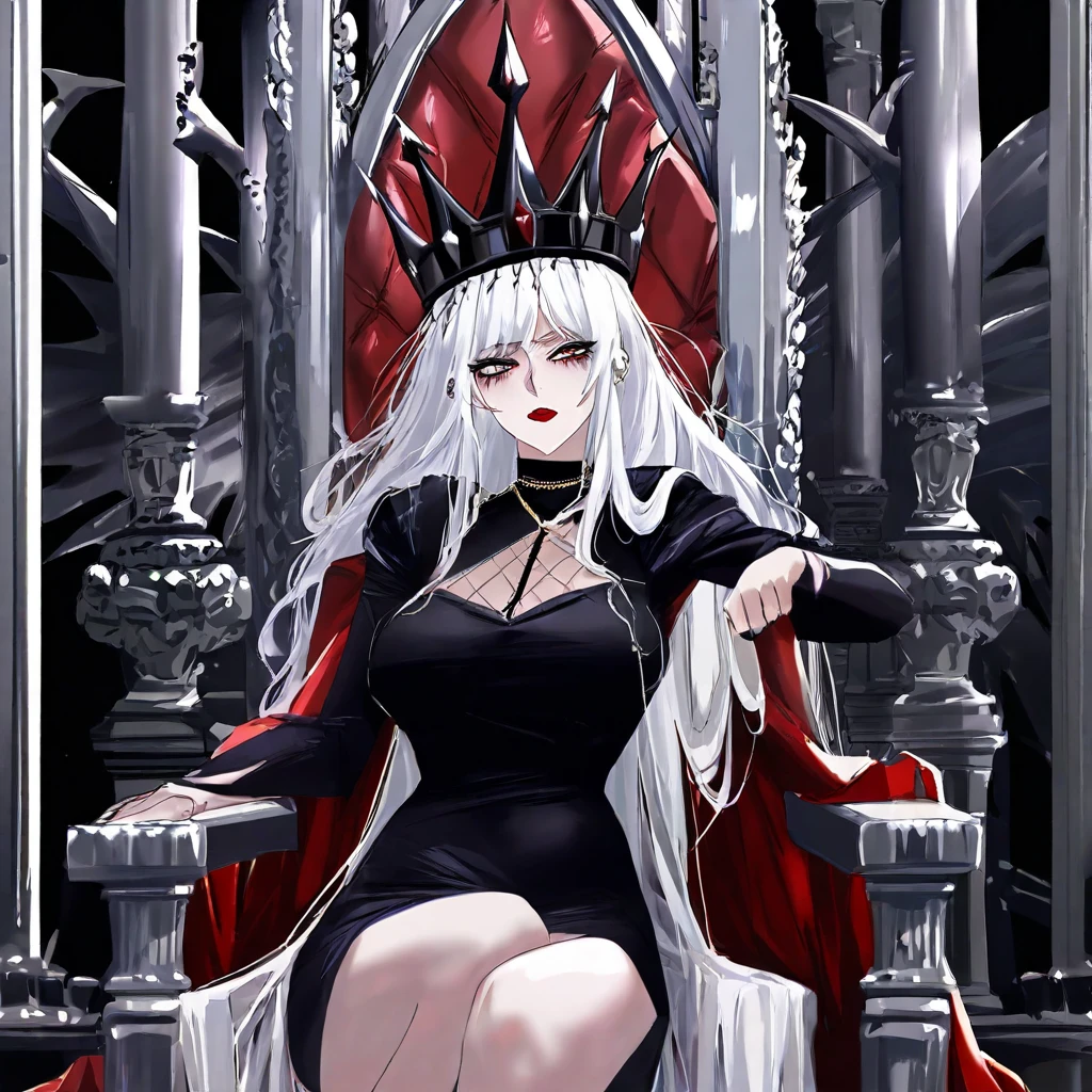 Description of the Vampire Empress, Progenitor, sitting on her throne:She is sitting on her throne in the main hall of the palace, radiating a presence that combines majesty and an aura of supernatural power. Her snow-white hair falls in soft waves over her shoulders., contrasting with her pale, perfect skin. Your eyes are deep red like rubies, emitting a hypnotic glow that reveals its ancient nature and its dominance over all vampires.Dressed in a long black velvet dress, richly adorned with silver and pearl details that sparkle in the candlelight and torches surrounding it, she embodies elegance and power that transcends centuries. Every detail of your outfit highlights your slender and attractive figure., as she stands tall with a posture that commands respect and reverence.The palace hall is a masterpiece of Gothic architecture, with imposing black marble columns and tapestries that depict the epic story of his reign over vampires. The light from the torches creates a play of shadows and reflections on the walls adorned with ancestral symbols and emblems of vampiric power..She dominates her throne with sovereign serenity, his eyes sweeping the hall with a gaze that reveals his immortal wisdom and a power that transcends the limits of time. Every gesture is deliberate and full of meaning, as she rules her dark kingdom with an authority that is both feared and revered by all who serve her.
