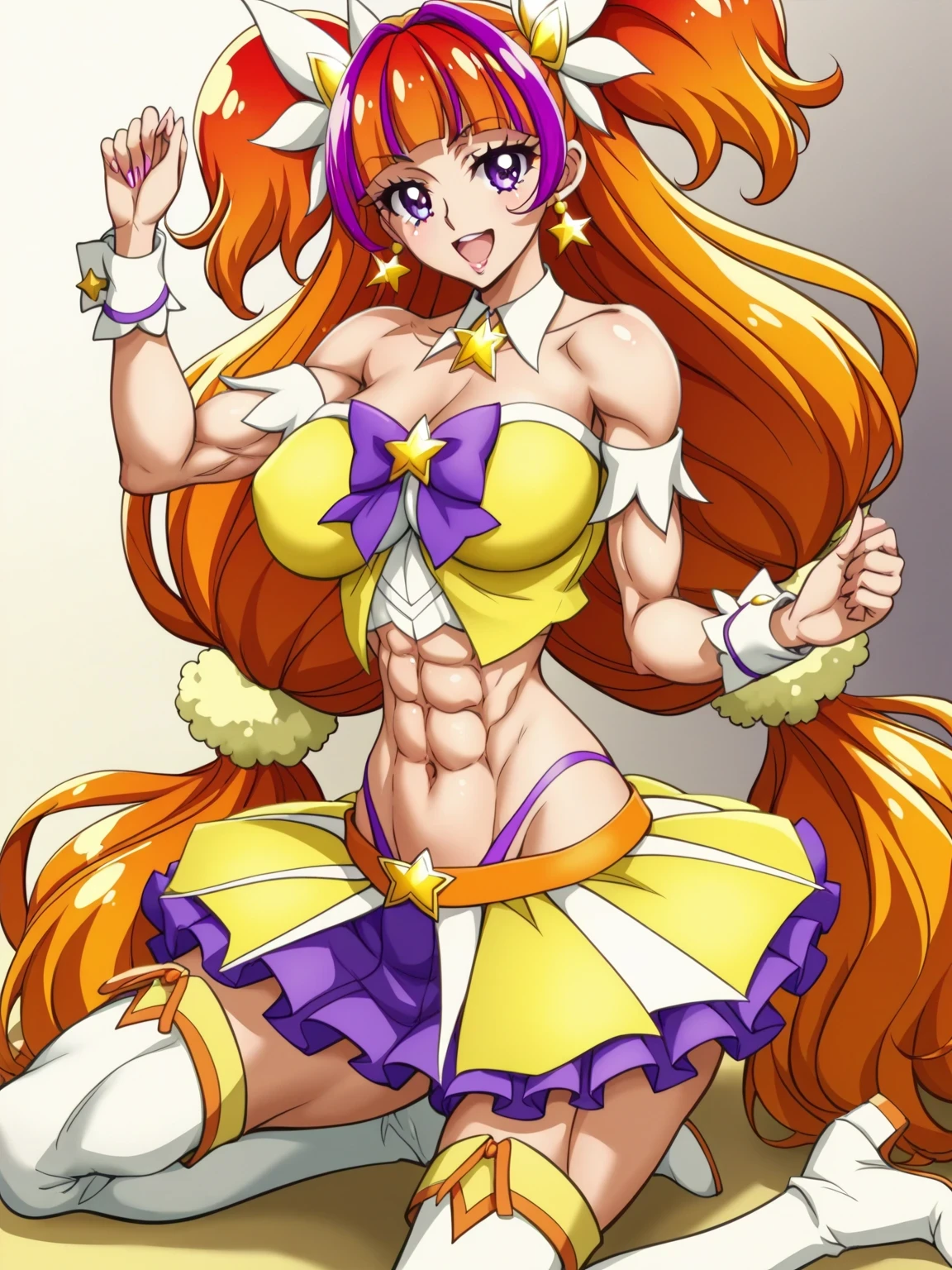 score 9 、score 8 up、score 7 up、source anime、masterpiece、best quality、high resolution、anime coloring、1girl、cure twinkle、yellow mini dressを着たlong hairの女性のアニメの絵、solo、long hair、orange hair、low tied long hair、multicolored hair、 Hair、two tone hair、gradient hair、streaked hair、blunt bangs、twintails hair、high short twintail hair、low two side up hair、purple eyes、yellow mini dress、purple mini skirt under yellow mini skirt、layered skirt、Jewelry brooch 、Muscular and strong、white boots、strapless dress、sexy、thigh boots、Strong muscles、Yellow Miniskirt、purple bowtie、purple high leg cut thong、yellow bow、purple high leg cut thong under purple mini skirt、purple mini skirt under yellow mini skirt、Sparkling Magical Woman、sexyな雰囲気、ultra mega super hyper sexy、feminine and muscular、!!full body portrait!!、Bare shoulders、Bare Arms、Bare Crotch 、Bare Thighs、wrist cuffs、purple bow tie、orange belt、collarbone、covered midriff、covered abs、covered navel、 covered stomach、Big Breasts、EXTRA BIG BREASTS、biceps、biceps long head、biceps short head、triceps、triceps medial head、triceps lateral head、triceps long head、trapezius、deltoids、anterior deltoids、middle deltoids、posterior deltoids、thigh muscles、semitendinosus muscles、covered adductor magnus muscles、naughty smile、lewd smile、Magical Girl Style、sexy female、lewd female、 magical aura、perfect body、perfect hands、perfect arms、perfect legs、 male focus、looking at viewer、cure twinkle outfit、solo focus、cowboy shot、beefcake style、