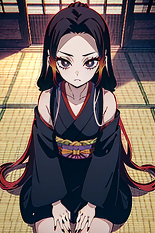 masterpiece, best quality, anime art style, tio, long black hair, gold eyes,pointy ears, (huge breasts), Japanese kimono, full body