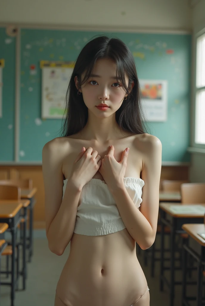 4K,((Highest quality)), ((masterpiece)) , BREAK,((one girl)), (detailed),((in the classroom)), ((One girl)), ((nude)),(()),((flat chest:1.7)), (stare at viewer with stern eyes:1.5),((one girl)),(bitting own lip:1.1),(angry:0.9),nose blush,(shamefull:1.2),(bob cut hair),surprised, ((beautiful realistic face)),((A bow tie)),Beautiful Korean Women, Beautiful young Korean woman, Young and adorable Korean face, Gorgeous Young Korean Woman, Korean Girls, Girl cute beautiful face, Portraits of Korean female idols, Young and pretty Asian face, Cute natural anime face,Asian pretty face,((finely detailed face)),((glistening eyes)),((glistening eyes )),((large eyes)),(( pretty eyes)) ,(detailed),Perfect Face,((One girl)), ((clear eyes)),((show nipples)),((beautiful skin)), don't wear anything ,(((show nipples))),(upper body)