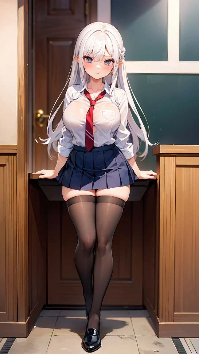 Masterpiece, Top Quality, High Definition, Hi-Res, One Girl, Solo, Angle from Below, Skirt, Shirt, Blue Eyes, Sheer Shirt, Unbuttoned Shirt, Unbuttoned, Fluffy, Cleavage,Protruding Nipples, Hard, White Hair, Pleated Skirt, Socks, Black Skirt, Long Hair, Long Sleeve, Bangs, Black Socks, Pubic Hair,Pubic Hair Visible,Dress Shirt, Troubled Look,Blush, Sweaty, Drenched, Sheer view, Sheer clothing, Wind-blown skirt, Lift up skirt, Crotch line, Hip line, White underwear, Panty shots, Beautiful leg line, Drops running down your legs, Drenched lower body, Wet waist, Excessive crotch droplets, Three-dimensional feeling of body parts, Exposed underwear, Realistic skin texture, Focused on feet, Kneeling, Knee spread, Bright room, Finger shift panties position, Lighting from below, Bitten panties
