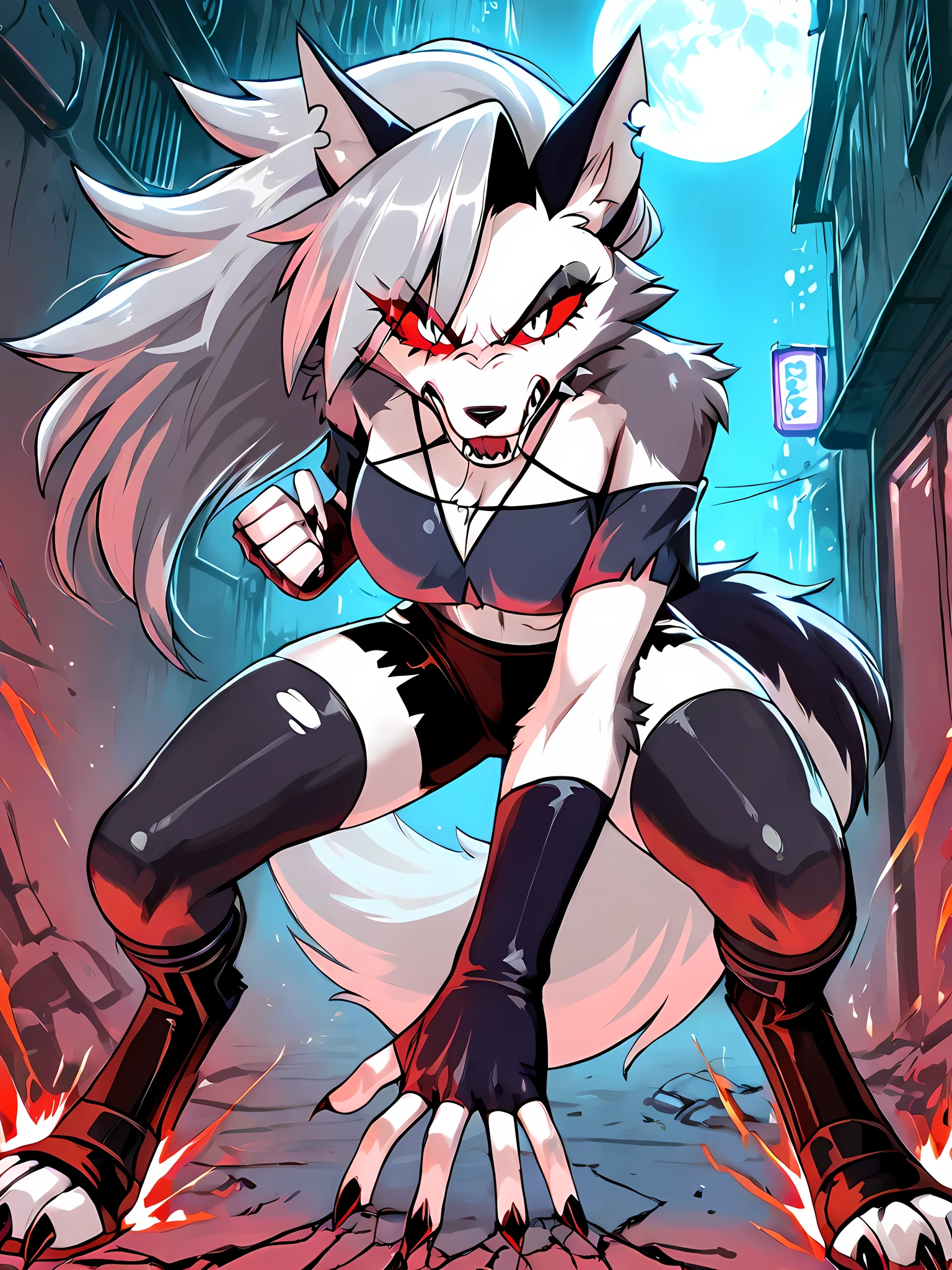 Loona the wolf girl from Helluva Boss, fierce expression, glowing crimson eyes, sharp canine teeth, fluffy ash-gray fur with black accents, wearing her signature torn black crop top, ripped jeans, and spiked collar. Standing in a dark urban alley with neon signs flickering (purple and red tones), holding a hellhound leash in one hand, casting a demonic shadow. Dynamic pose, mid-action growling, claws extended, moonlight illuminating her fur. Ultra-detailed fur texture, 8k resolution, cinematic lighting, gritty atmosphere, sharp focus, cyberpunk-gothic aesthetic. roaring angrily, hellfire sparks around her, cracked concrete under her boots