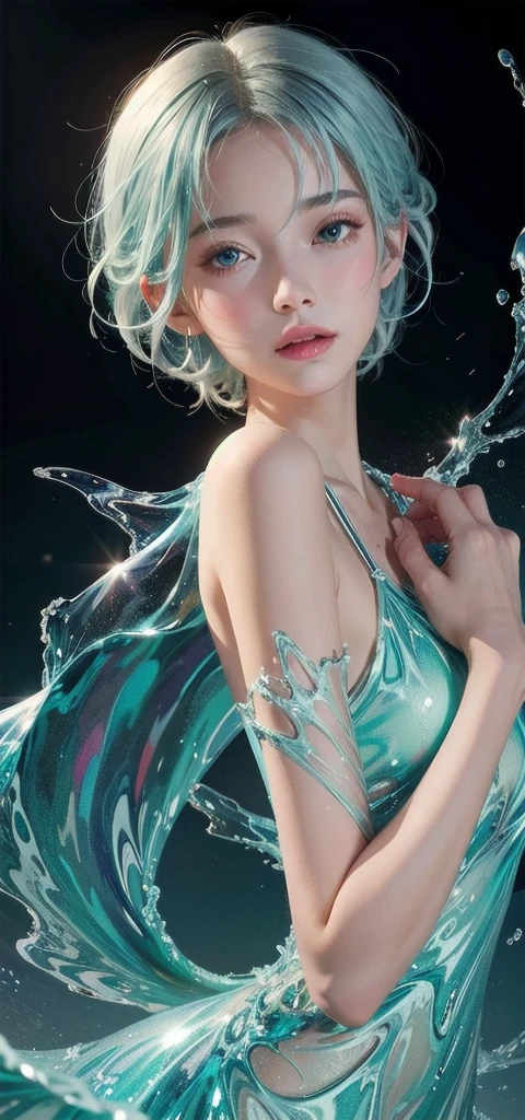 Lori huge breasts cleavage, ssmile, Transparent swimsuit, white hair, motion blur, character chart, dithering, UHD, high quality, super detail --auto