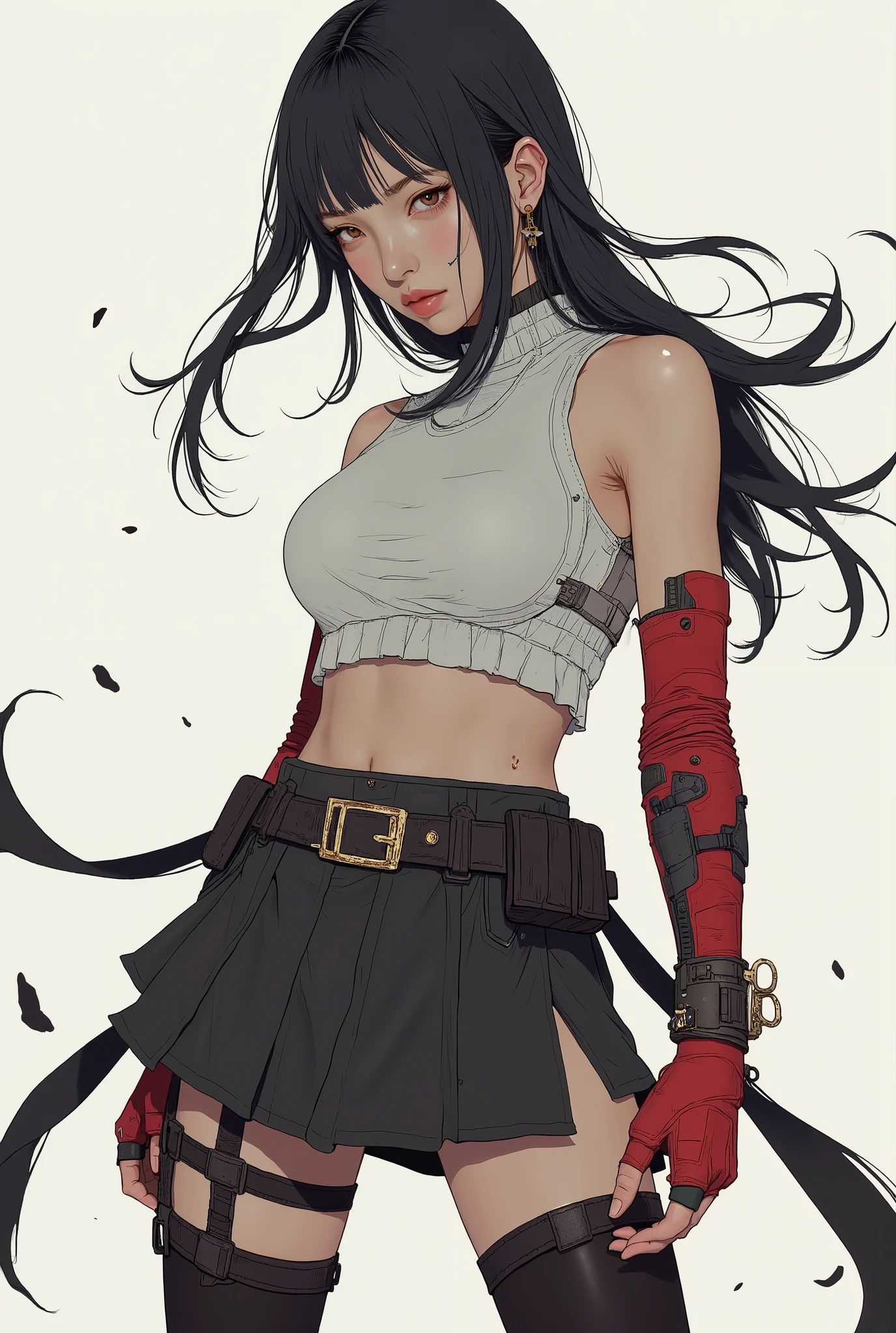 a girl, light blue-gray skin, well-shaped fangs, long midnight black hair that reaches her feet, she has two marks on her neck that are the bite marks that turned her into a vampire, pointy ears, gray blouse, jeans dark blue, dark red boots, big ass, black lipstick, in high quality, looking at the viewer