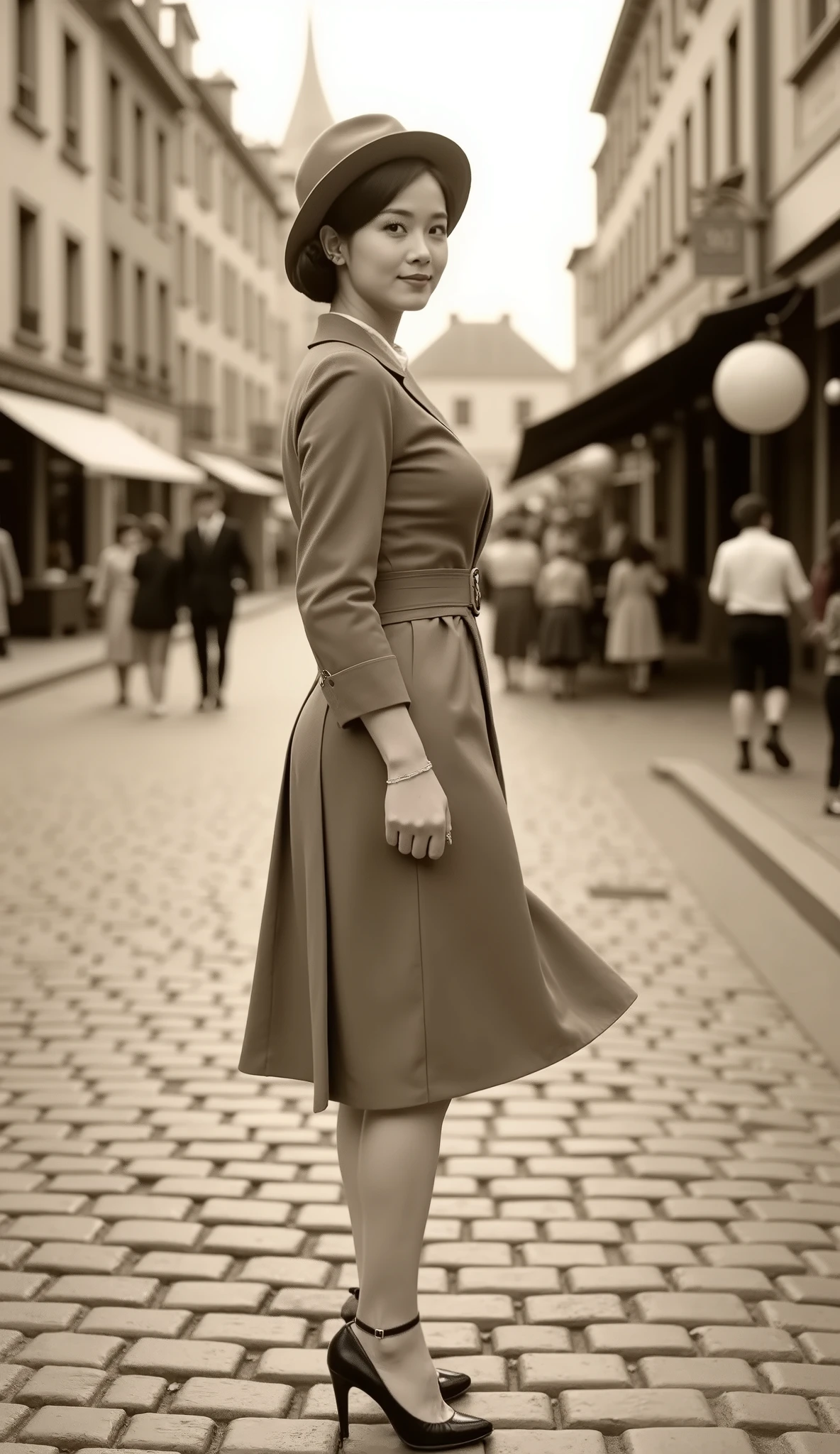 A sepia-toned photograp, depicting a well-dressed lady walking through the streets of Paris, in 1930s