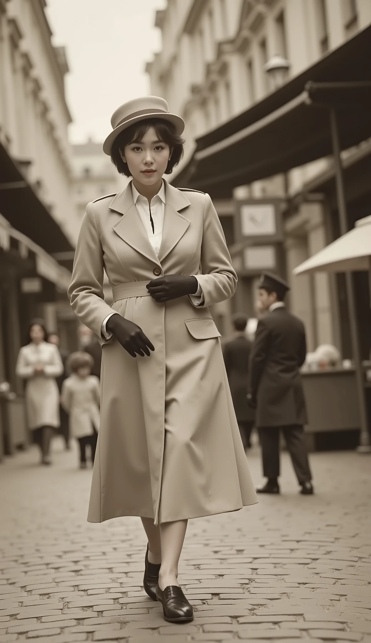 A sepia-toned photograp, depicting a well-dressed lady walking through the streets of Paris, in 1930s