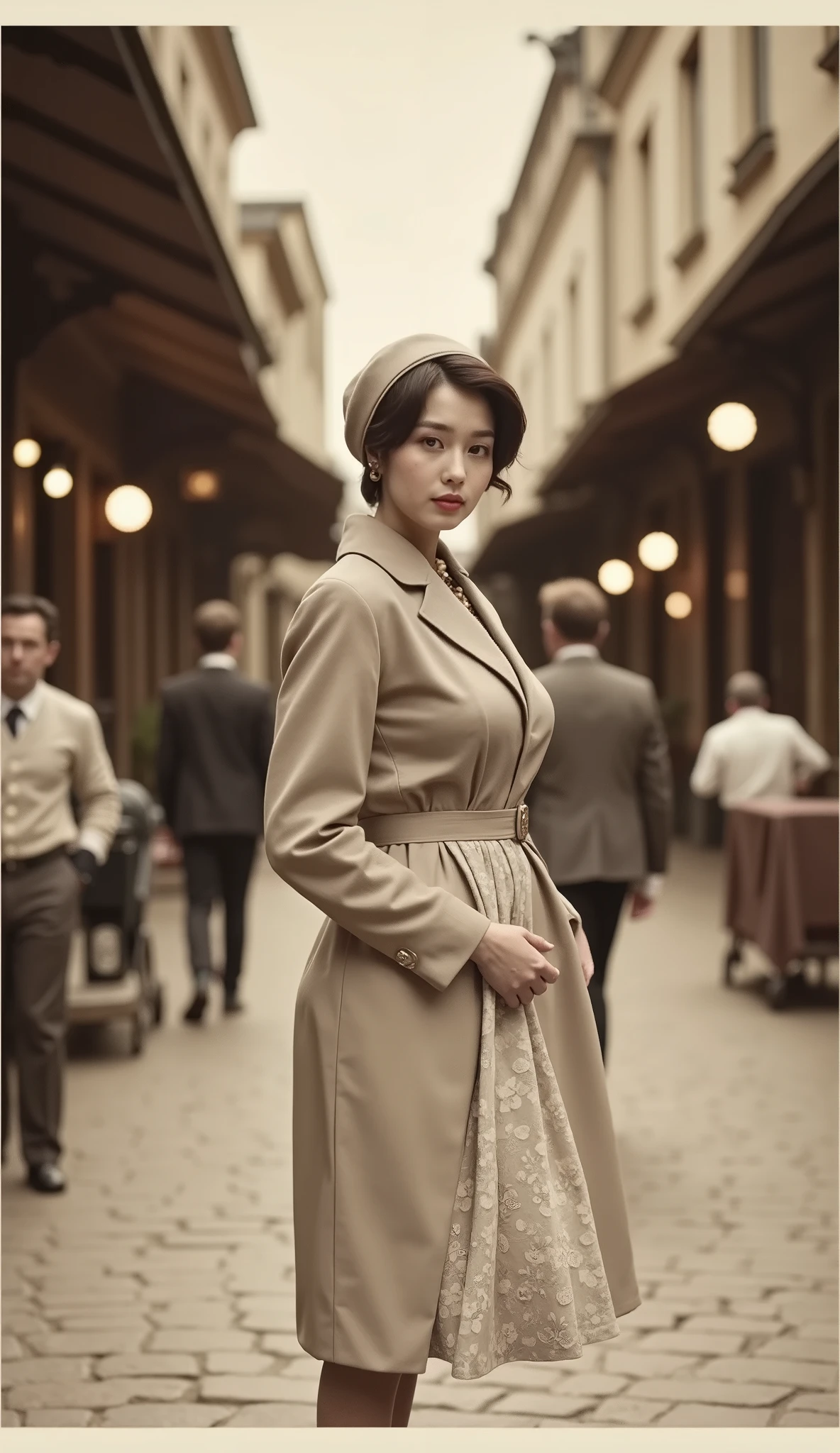 A sepia-toned photograp, depicting a well-dressed lady walking through the streets of Paris, in 1930s