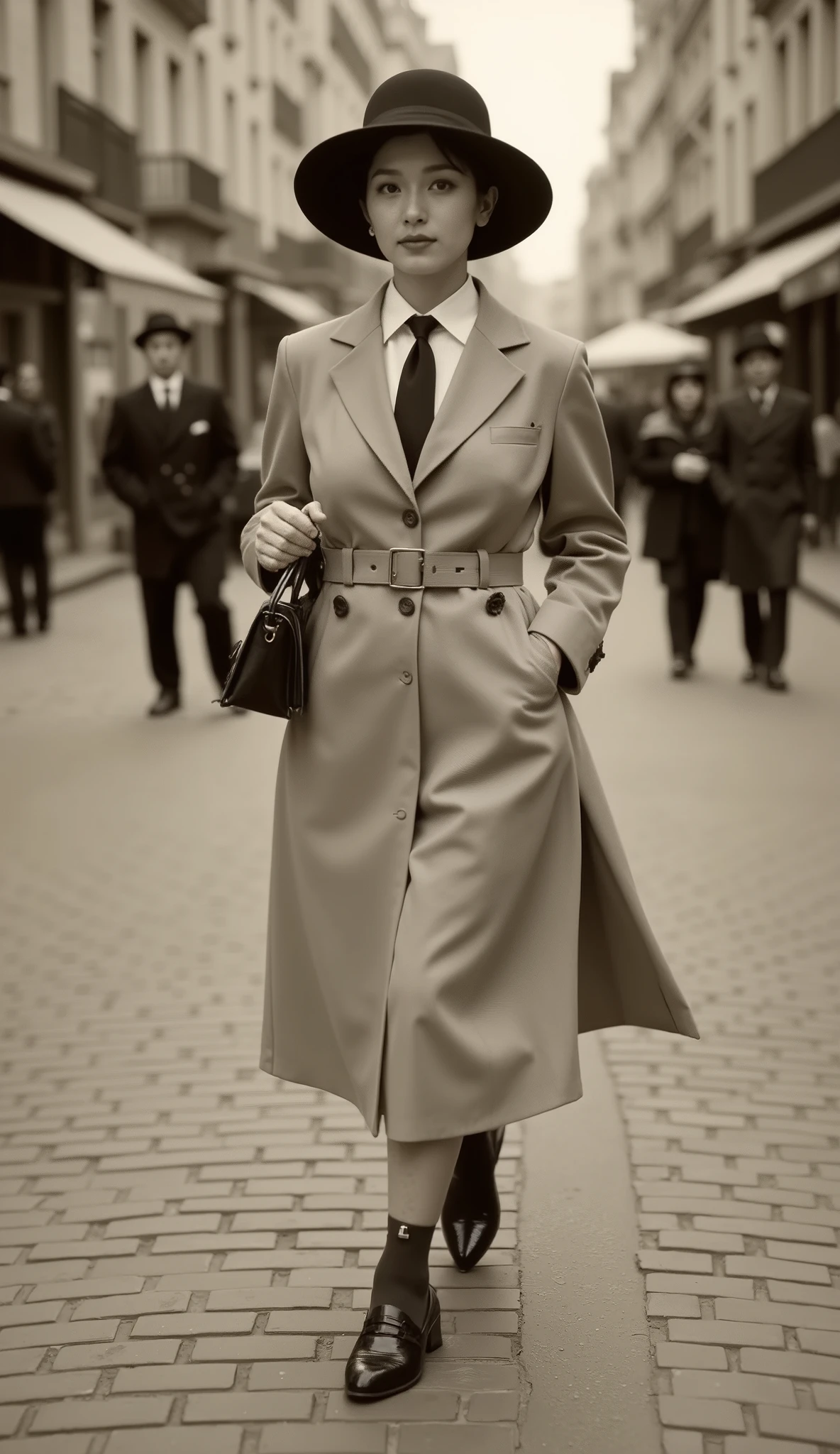 A sepia-toned photograp, depicting a well-dressed lady walking through the streets of Paris, in 1930s