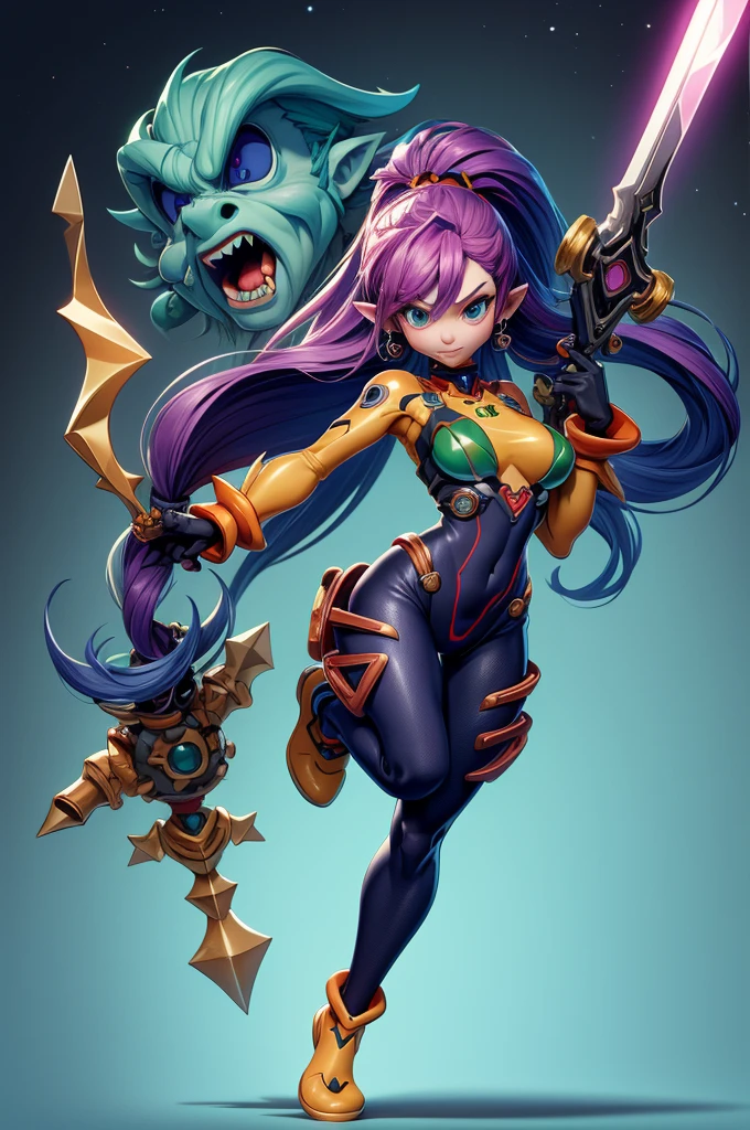 Rayman Legends style tree, character estilo art rayman legends, girl, fully body, STYLE mercenary with futuristic doom style weapons, Giant Accessories,Giant Monster, big breats,Little bunny,big breast, sensuality, elfo, mascot next door,doom style weapons