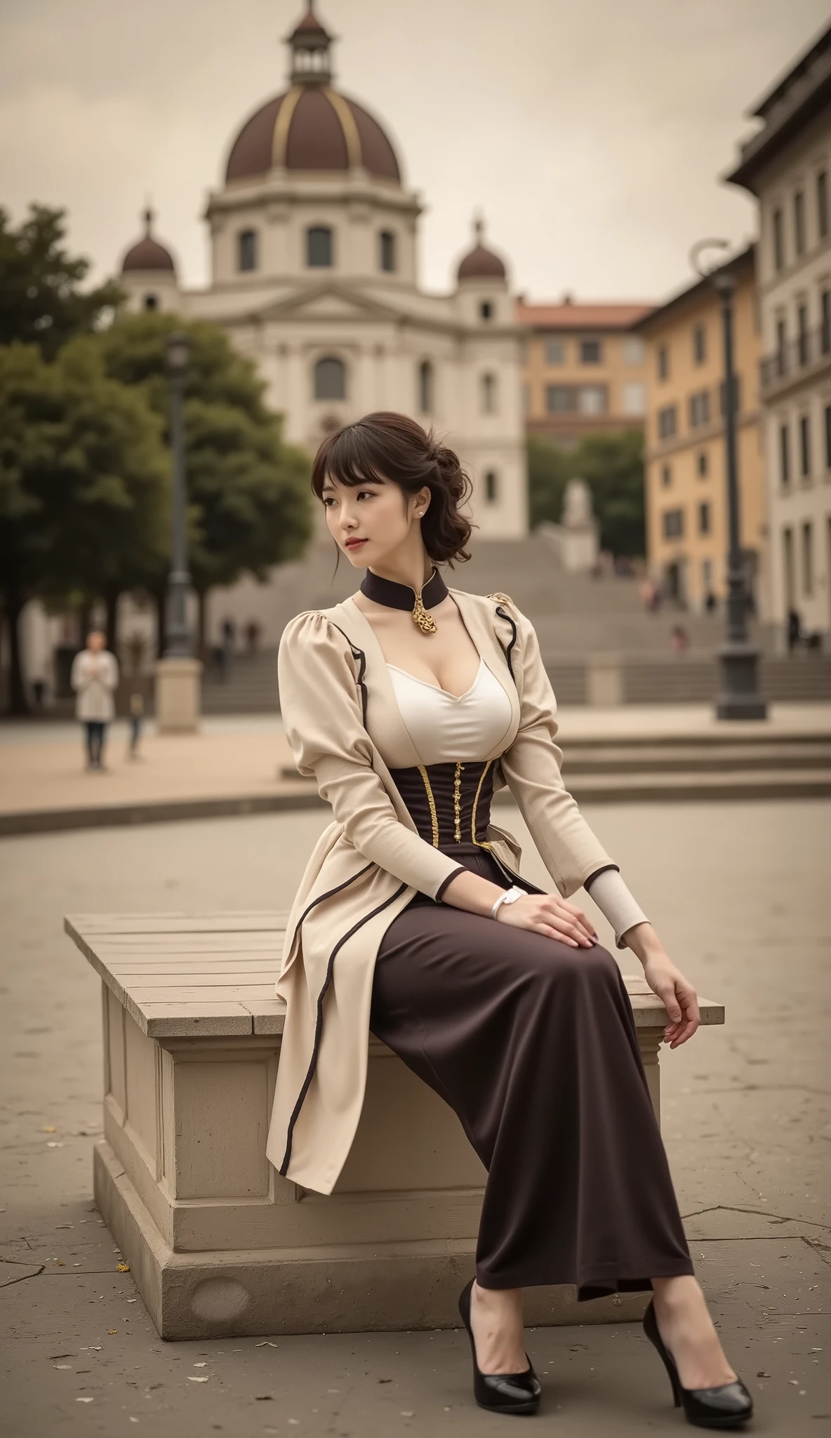 Sepia-toned photograph, movie scene, a lady sitting in Piazza di Spagna in Rome