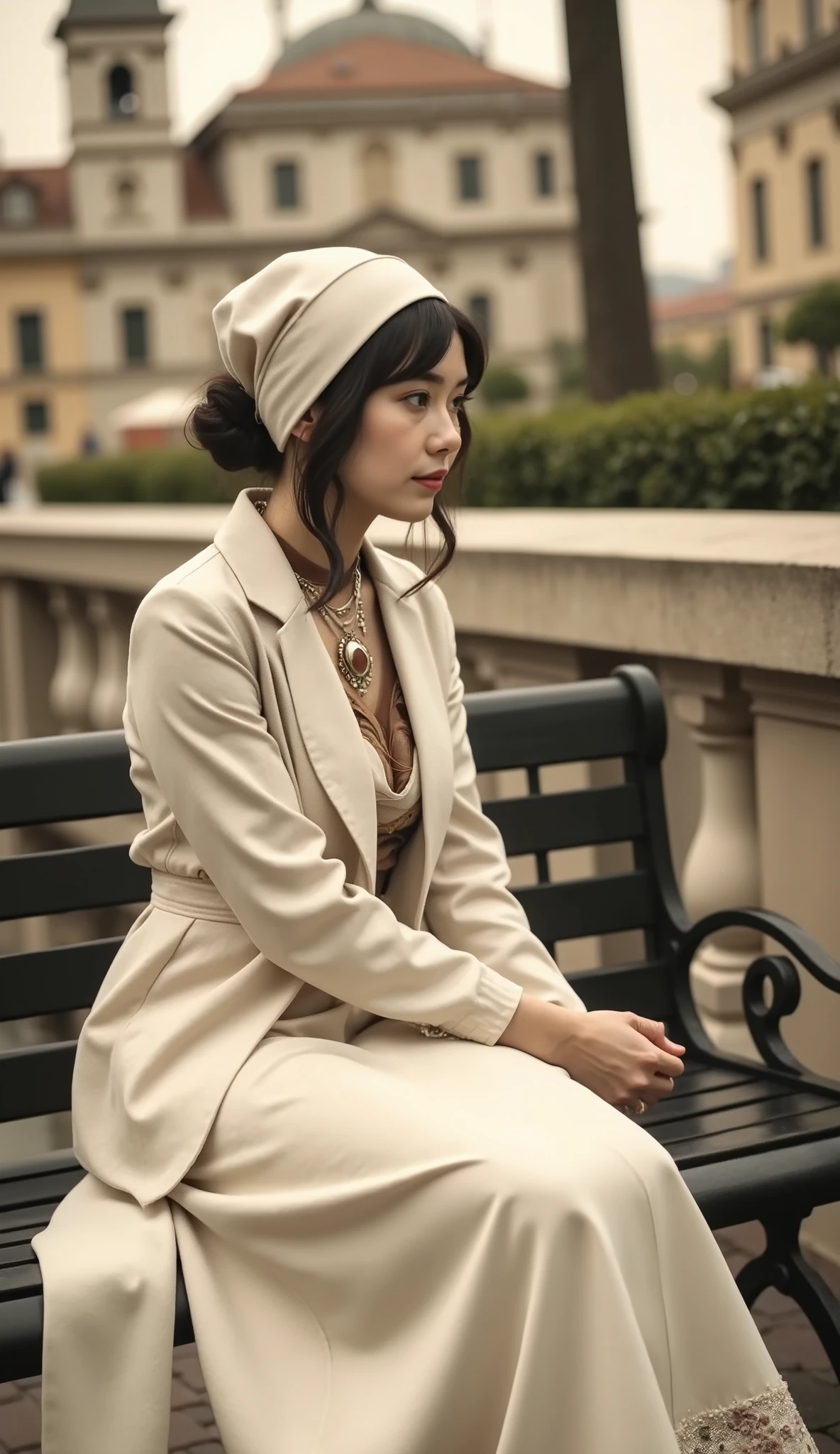 Sepia-toned photograph, movie scene, a lady sitting in Piazza di Spagna in Rome
