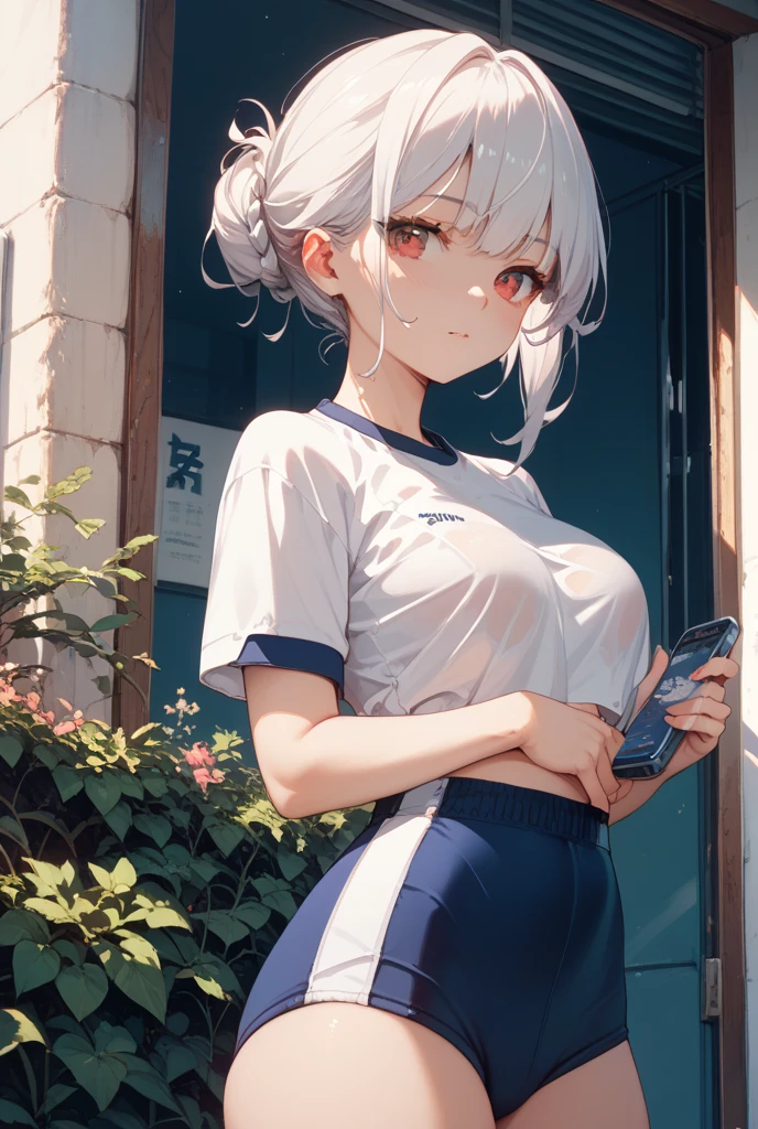 1girl,mutsukidef,(chibi:1.2),gray hair,long hair,side ponytail, (white gym shirt, short sleeve,gym uniform,dark blue buruma:1.3),wet,sweat,Hair Ornaments,halo,open mouth, embarrassed ,blush,(cameltoe:1.3),masterpiece,Noise Reduction,perfect anatomy,high resolution, ultra-detailed, ultra-detailed face,game cg,dutch angle ,beautiful detailed eyes,visualart,five fingers, perfect hands, perfect lighting, sparkling pupils,
