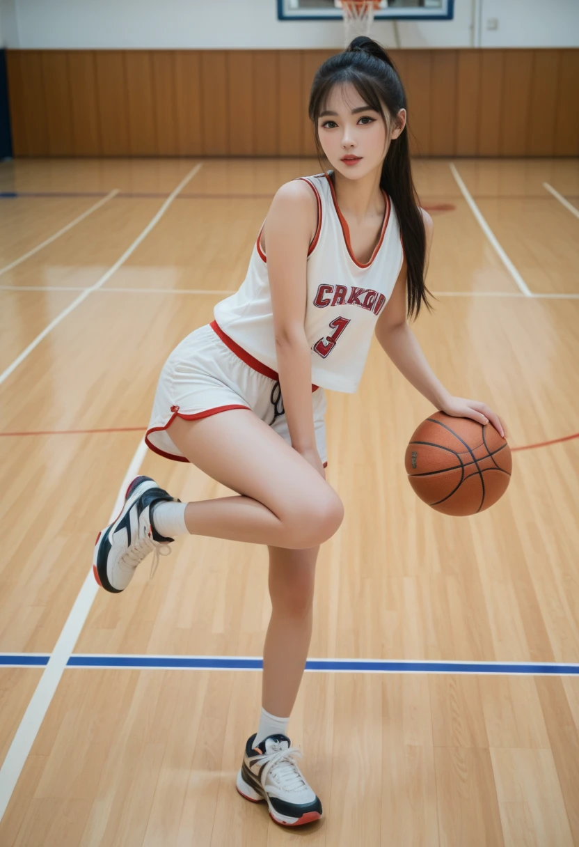 basketball、Basket Wear、gym、Goal Ring、(Highest quality)、((Very detailed))、4K、(8K)、masterpiece、Very detailedな、Highest quality、Super Resolution、1 person、Kind Face、Soft Light、RAW quality、Soft Skin、163cm、30 years old、Thighs
