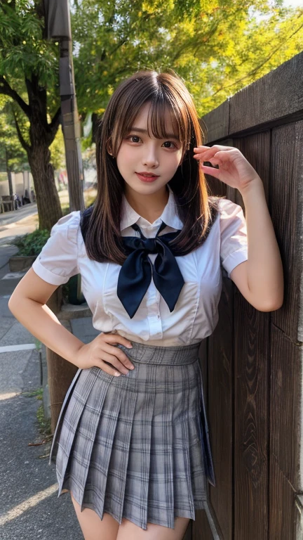 ((school uniform)),ribbon at neck,(school uniform and ((Plaid navy skirt)) and white shirt:1.1), Skin color, big , smile, (8k, RAW Photos, Highest quality, masterpiece:1.2), masterpiece, super detailed, super high quality, (Realistic and Realistic photography:1. 37), High-resolution RAW color photos, Very delicate and beautiful, highly detailed, 8k壁紙, wonderful, detailed, Very eye, very detailed, very detailed skin, very thin fingers, very detailed nose, very detailed mouth, Perfect Anatomy, Upper Body, studio, Soft lighting, A full-body shot of a cute idol wearing a one-piece swimsuit, Playful pose, Hands on hips, smile, Pastel Background, Realistic, Attention to detail, studio photography
