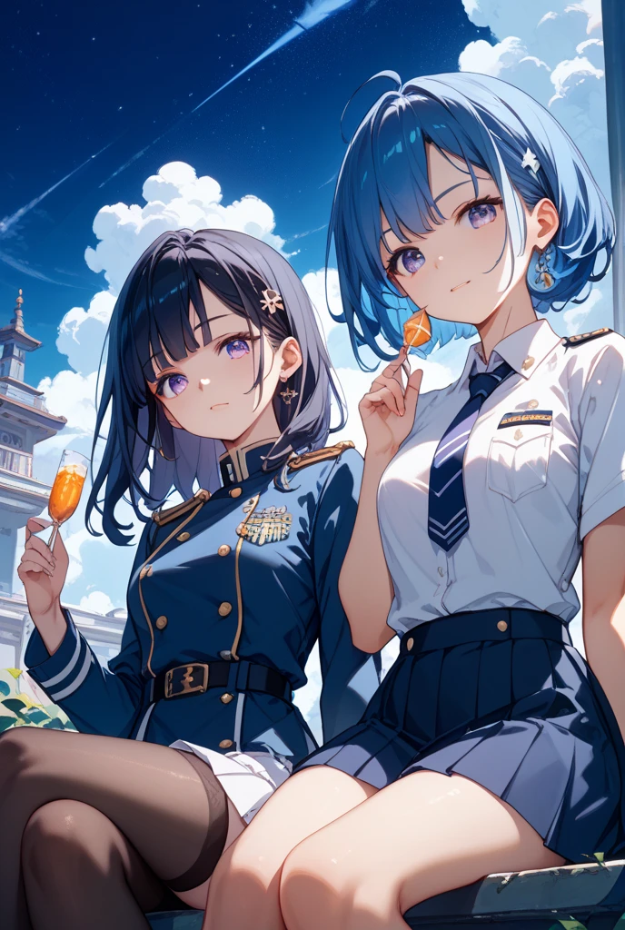 Top Quality, 8K, 4K, High Definition, Detail, (better-quality, 8K, 12), top-quality, 1 girl、purple short bob hair clip tied into a bun、black eyes、small breasts、uniform、gray jacket with pink line、blue skirt、 fingerless gloves、thighs、Ilcha fousing on her, surprise face, having her handon her face, making cute expressing face. picture pose, she is standing up, she has a loil pop in her mouth, she up close only showing her wraist and up.