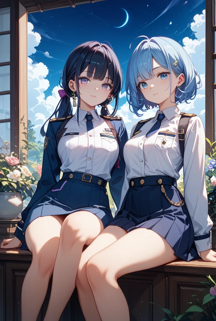 NSFW, ((Standing upright with one leg in front of the other)),(full body shot, full body view), ((cute and symmetrical face)),8k, masterpiece, RAW photo, (best quality, photorealistic), (extremely detailed CG unity 8k wallpaper),(biologically correct form),(masterpiece:1.2, top-quality), (realistic, photorealistic:1.4), beautiful illustration, (natural side lighting, movie lighting), looking at viewer, ((focus on face)), 2 girls,japanese, 25 years old, perfect face, perfect body, shiny skin, beautiful hair, beautiful face, beautiful eyes, beautiful detailed eyes, beautiful body, beautiful chest, beautiful arms、beautiful thigh, ((beautiful long thin legss)), (small butt),blush, (Matching Stiletto heels left and right and same color anklets), (biologically correct form), (lovely smile), ((white collared shirt, black plaid pleated miniskirt, dark red tie), (black garter stockings))、Sexy 、((Back shot)),Panty shot、The background is a flowerbed with sunflowers.kiss